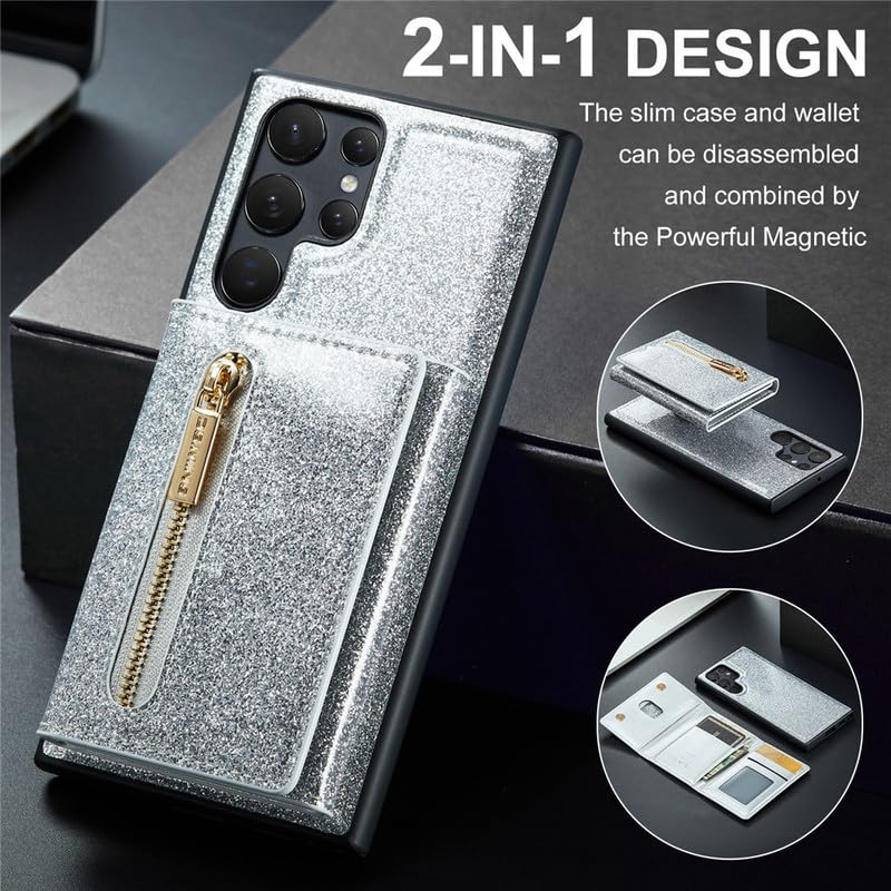 Galaxy Z Fold 5 etui ochronne 【brokatowe, 2 w 1, zdejmowane, funkcja stojaka】 Magnetyczna kieszeń portmonetka Back Case Cover etui z portfelem do Samsung Galaxy Z Fold 5 - srebrne