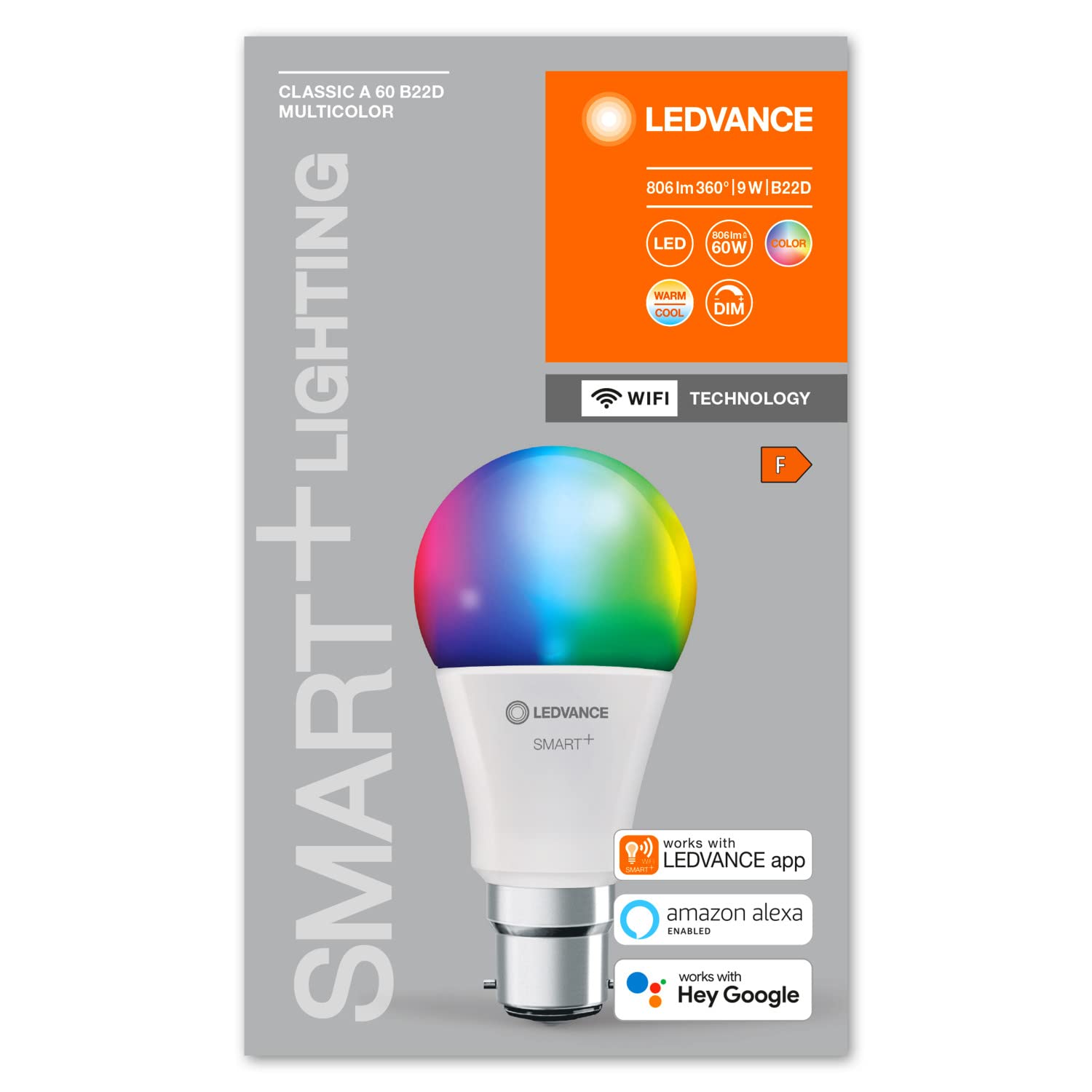 LEDVANCE Smarte LED-Lampe mit WiFi Technologie, Sockel B22d, Dimmbar, Lichtfarbe änderbar (2700-6500K), RGB Farben änderbar, ersetzt Glühlampen mit 60 W, SMART+ WiFi Classic Multicolour, 4er-Pack