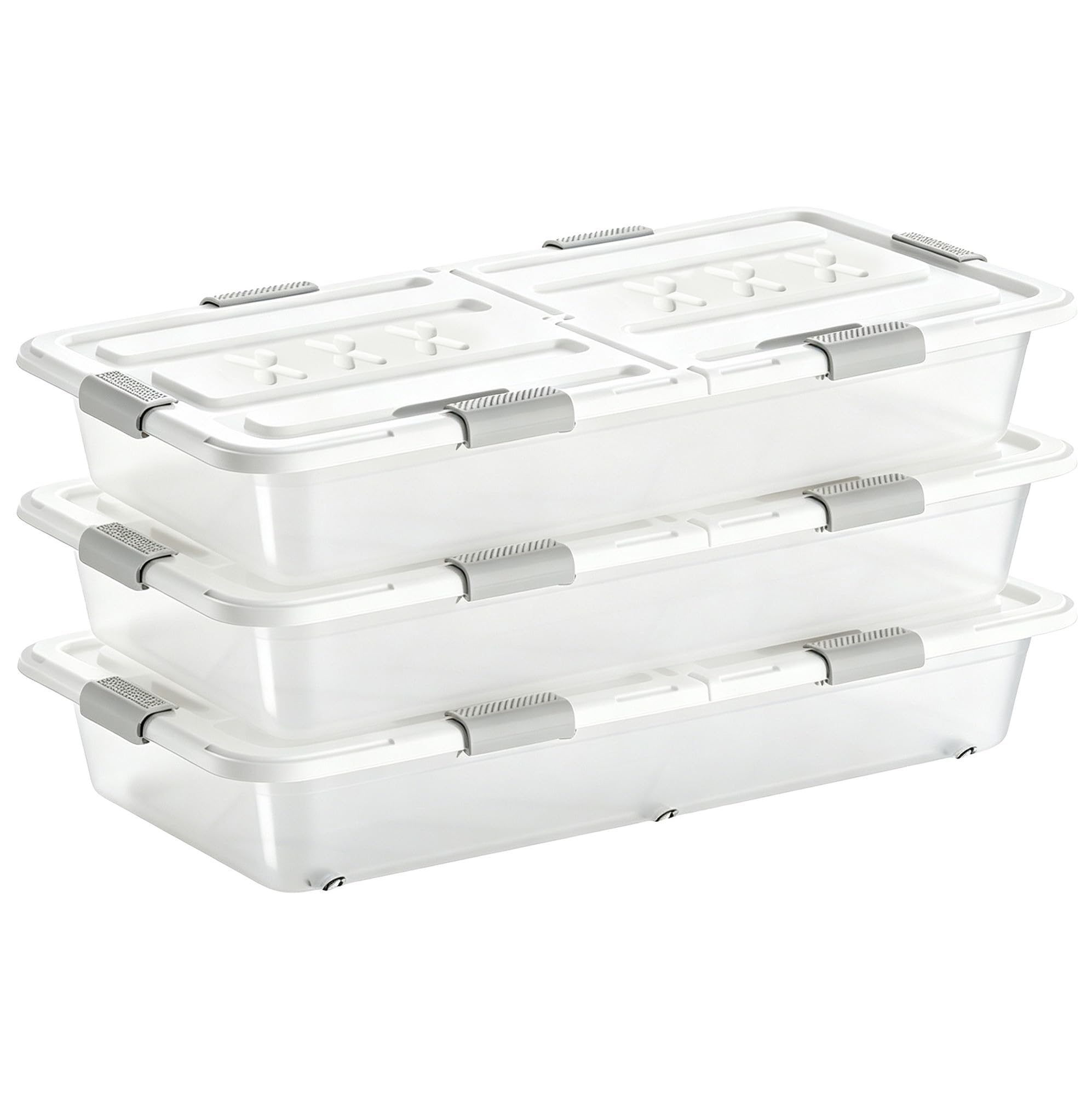 3 Stück Unterbett-Aufbewahrungsbehälter mit Rollen, transparenter Kunststoff-Unterbett-Aufbewahrungsbehälter mit Deckel, faltbarer Roll-Organizer, doppelseitige Öffnung, staubdichte Aufbewahrungsbox