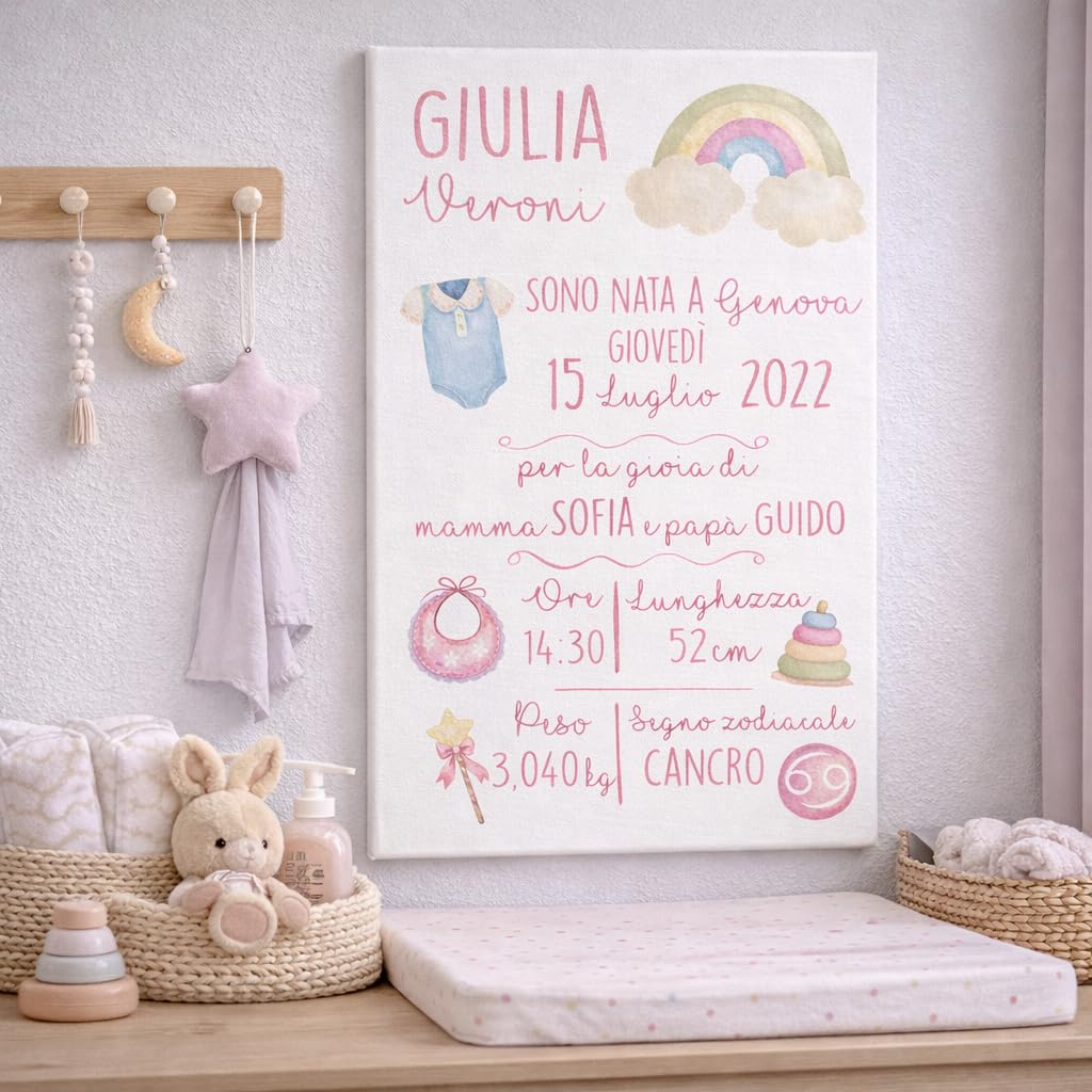 Quadro in Tela - Quadretto Nascita Personalizzato - Idea Regalo Bimba o Bimbo, Neonata o Neonato -Grafica Arcobaleno 20X30cm (Rosa)