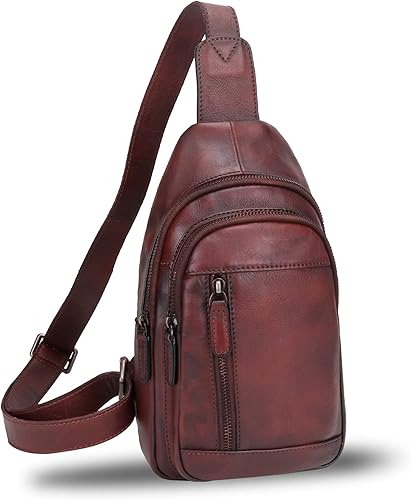 IVTG Bolso bandolera de cuero genuino para mujeres y hombres, bolso cruzado de cuero, bolso de hombro para el pecho, mochila, Café, Mochilas Sling