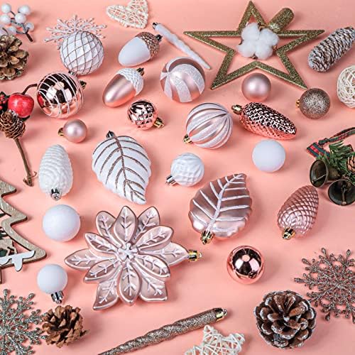 SHareconn Christmas Tree Decorations Baubles Set Rose Gold & White, 106 pcs in 14 Types Shatterproof Holiday Ornaments Balls Decoration for Xmas Tree, Great Decorations for Holiday Party Wedding