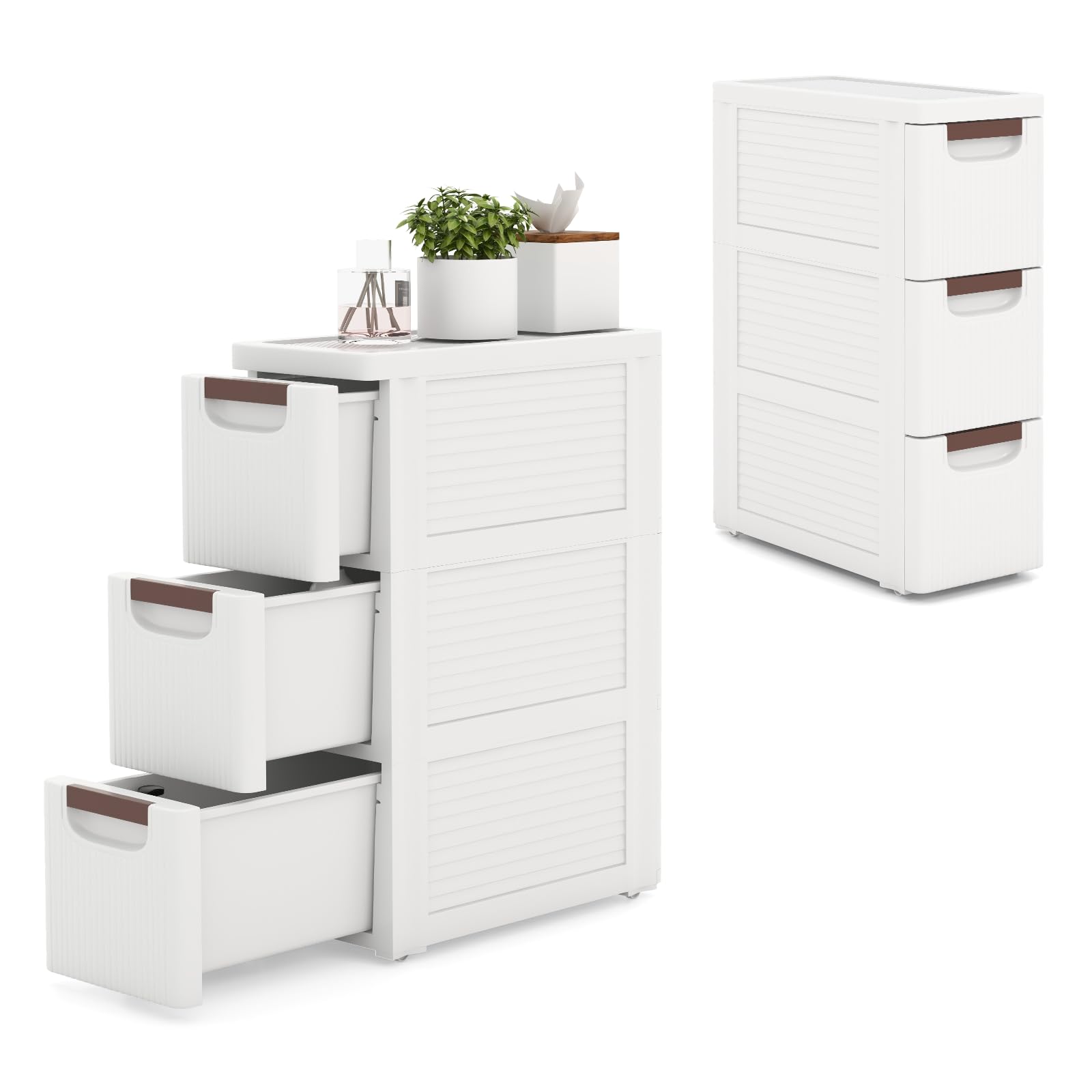 KOMFOTTEU Carrellino Stretto con Ruote, Cassettiera 3/4/5/6 Cassetti Slim, Carrello Portaoggetti a Rotelle, Mobiletto Bagno Salvaspazio per Cucina, Soggiorno, Camera da Letto, Bianco (3 Cassetti)