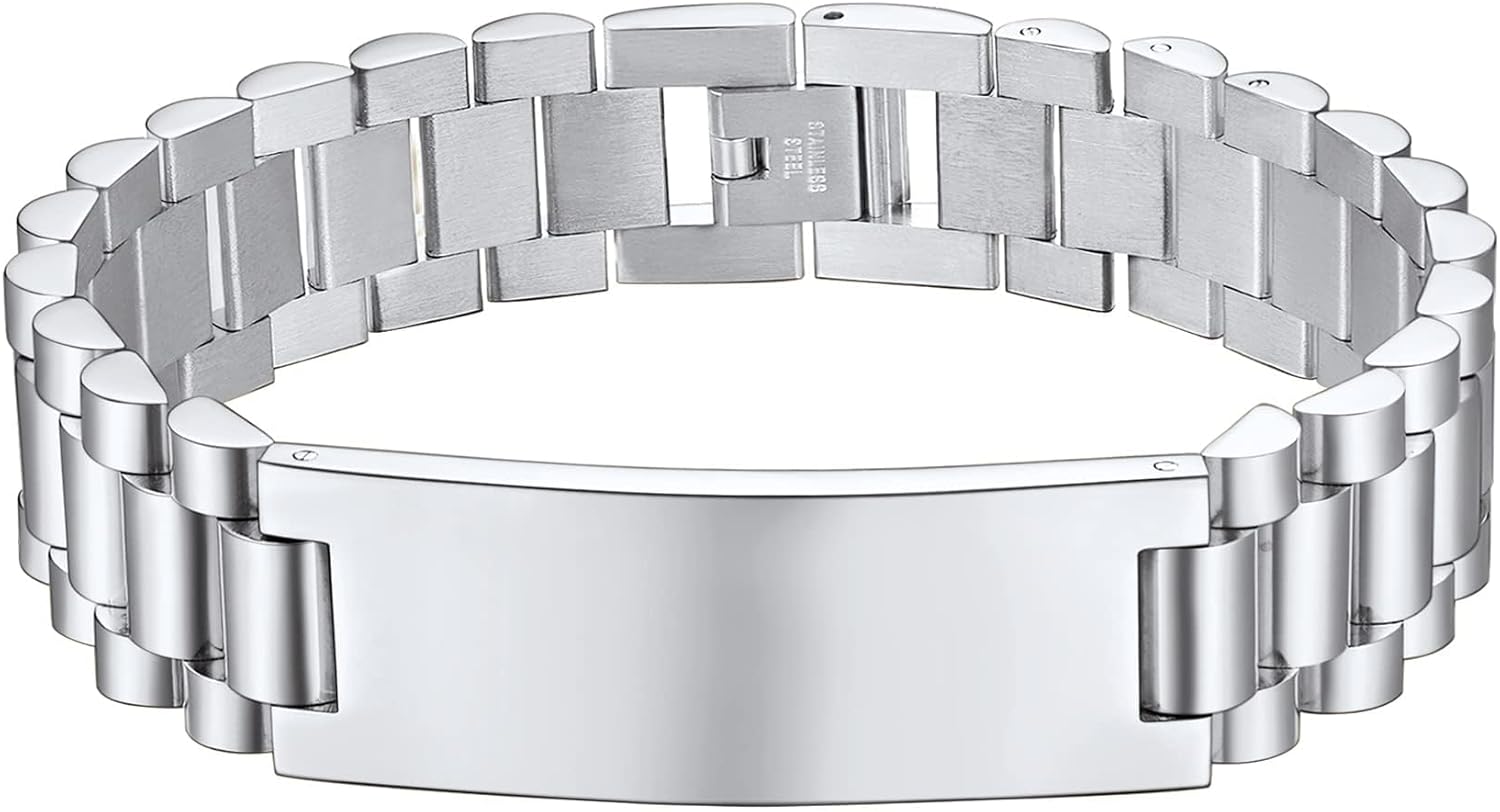 ChainsHouse Wristband ID Bracelets for Men, Stainless Steel/18K Gold/Black Metal Plated, Personalized Engrave Chunky Bracelet Bangle, with Removal Tool, 15MM/15.5MM Width, 8.27-8.66 Inch Length