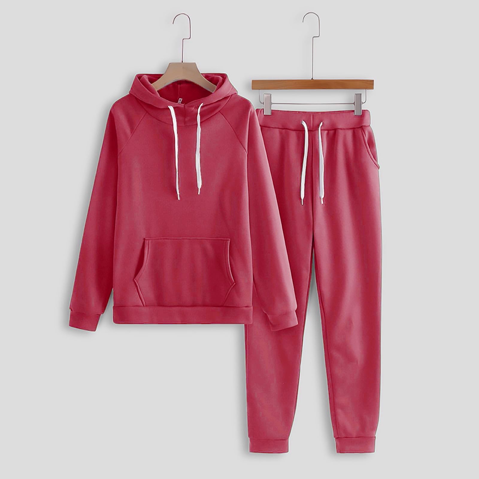 Tenue de loisirs pour femme - Ensemble pyjama côtelé - 2 pièces | Sweat à capuche à manches longues et longue taille élastique, pantalon de loisirs, pyjama avec cordon de serrage et poches