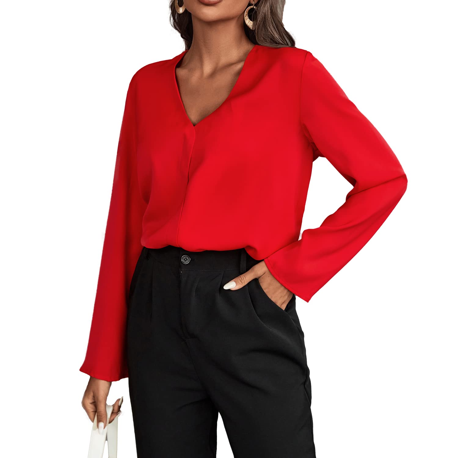 BROVAVE Women's Long Sleeve Shirts V Neck Business Casual Plain Work