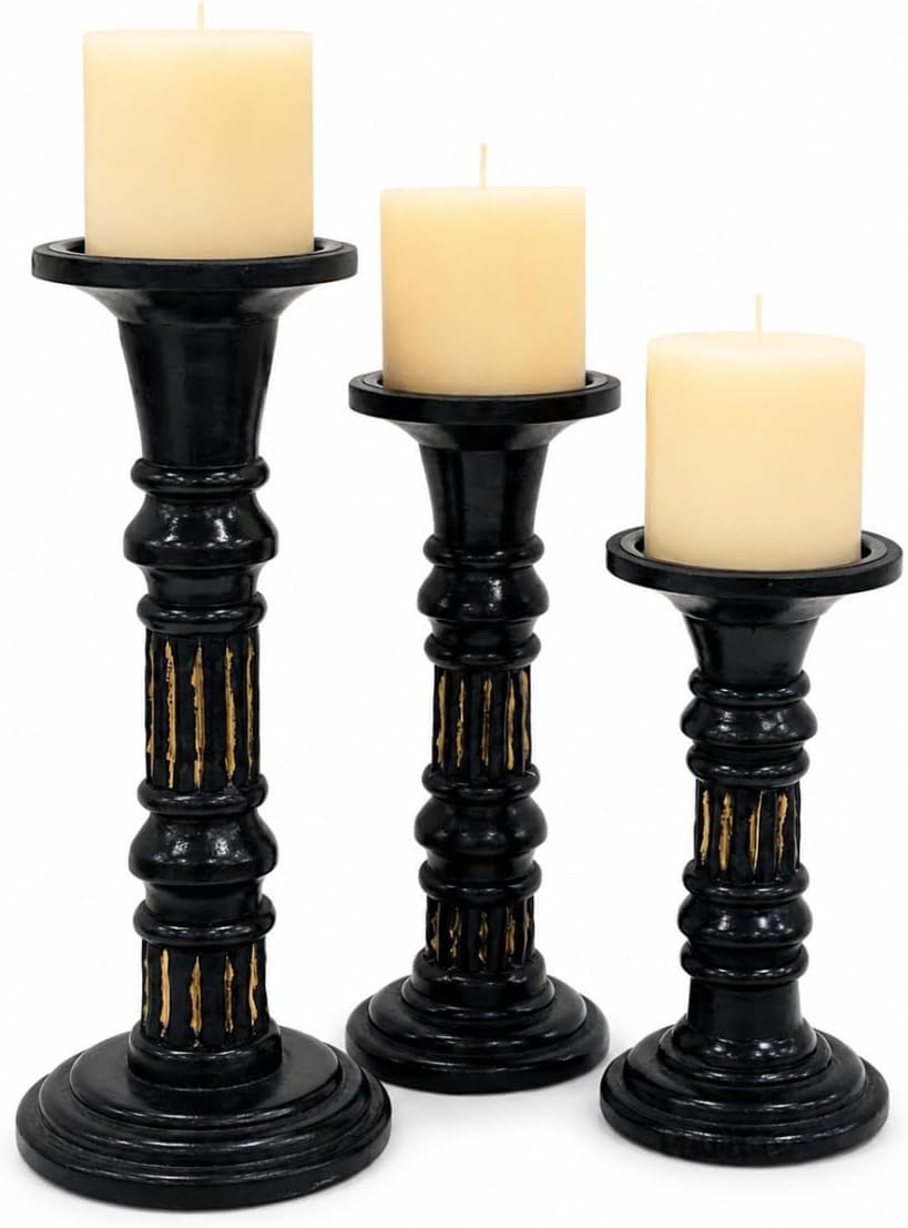 Wood Candle Holders for Pillar Candles (Set of 3) Large Rustic Pillar Candlestick Stands - 8 x 10x 12 inch Candles Holder Modern Farmhouse Decor (Black)