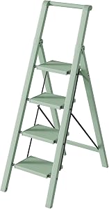 HillhutApex Step Ladder,4 Step Ladder with Handrail（Pale Green） | 150KG Capacity Aluminum Ladder,Foldable Ladders for Kitchen,Office,Library