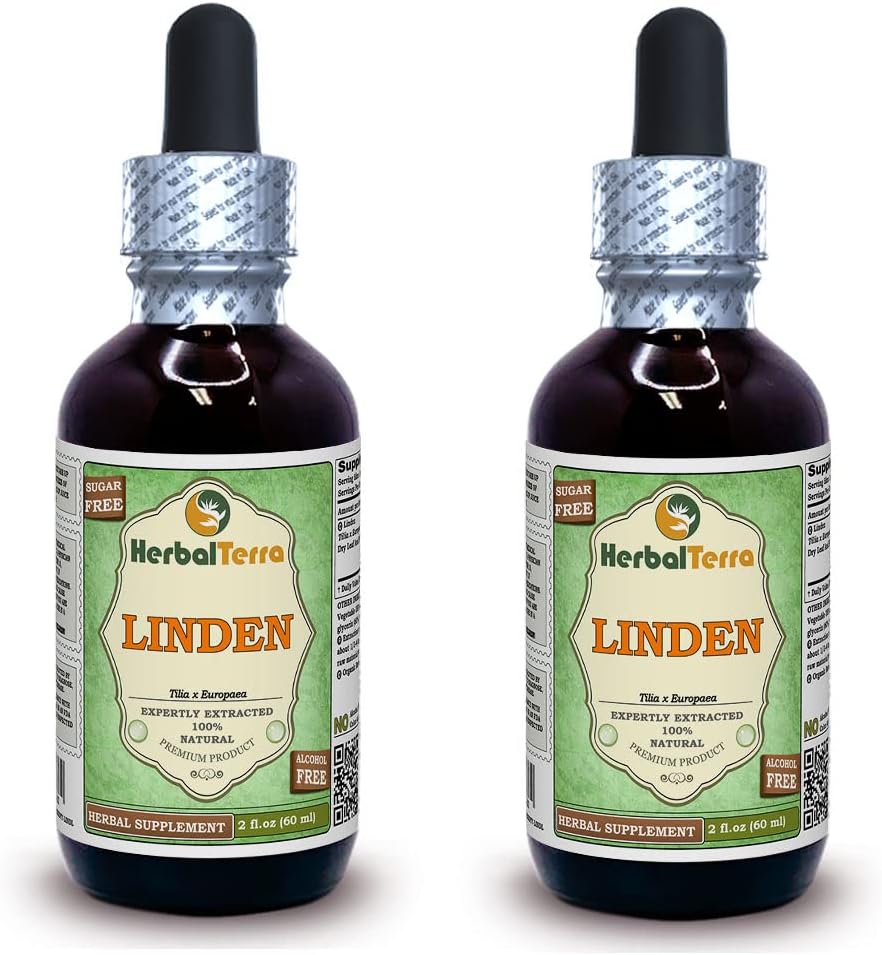 Linden (Tilia x europaea) Glycerite, Organic Dried Leaves and Flowers Alcohol-Free Liquid Extract (Brand Name: HerbalTerra, Proudly Made in USA) 2x2 fl.oz (2x60 ml)