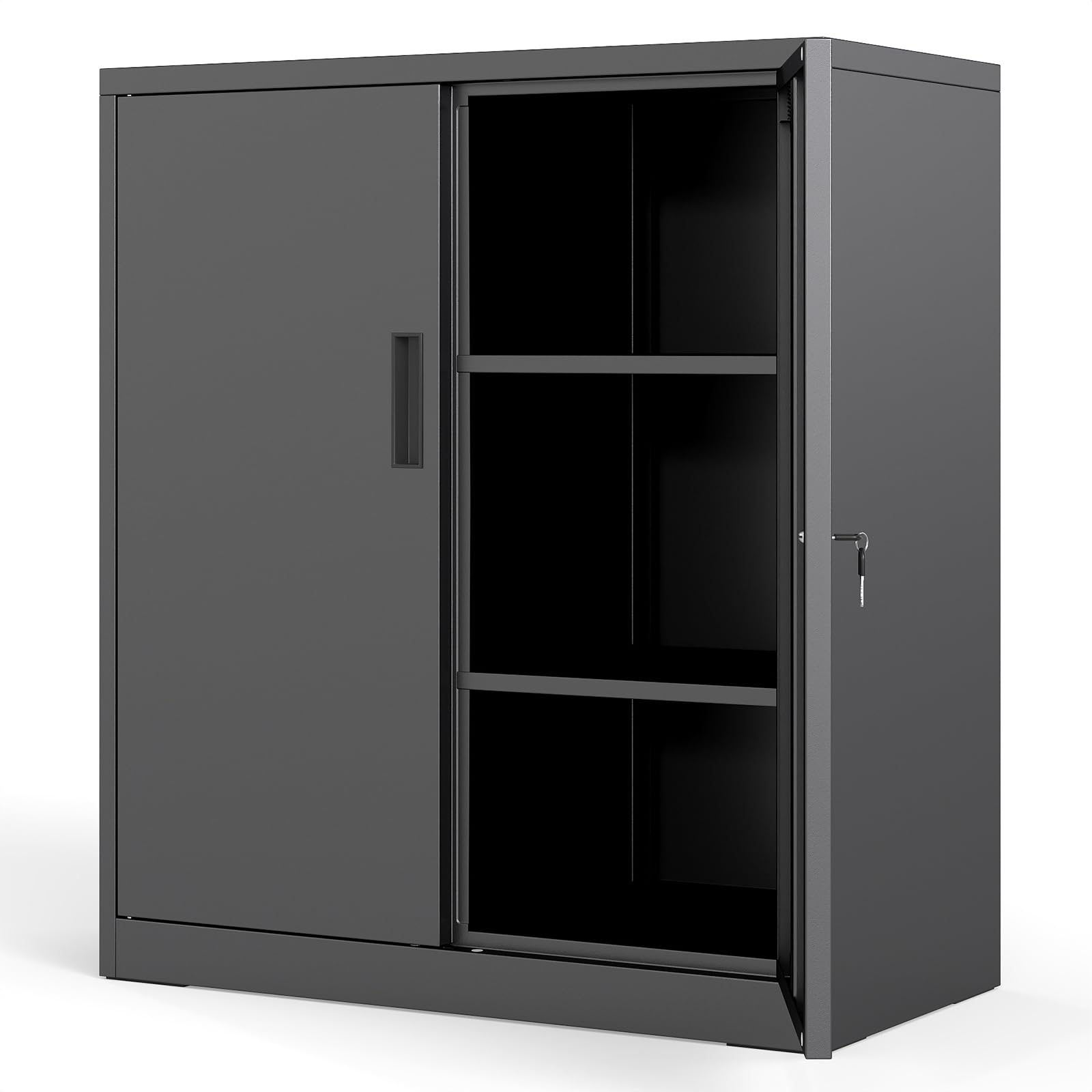 GIANTEX Armoire Metallique avec 2 Portes Verrouillables, Armoire de Rangement en Métal avec 2 Étagères Réglables pour Outils, Meuble de Rangement pour Garage, Bureau, Atelier, Noir
