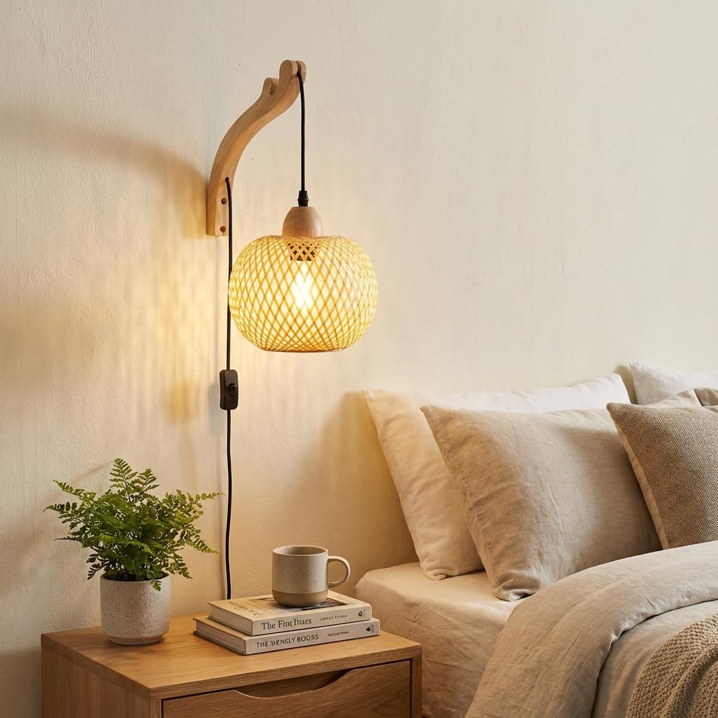 BARCELONA LED Applique murale « Phuket » en osier et bois avec prise – Luminaire décoratif d'intérieur en fibres naturelles. Style rustique et moderne. Douille E27 pour salon, chambre ou escalier.