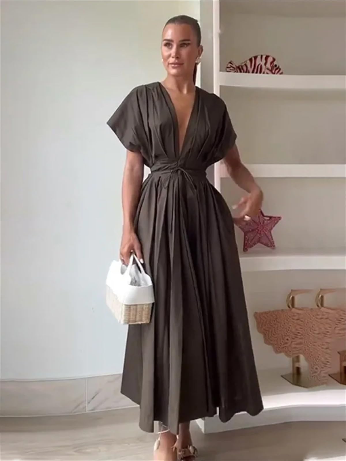Vestido de Playa Verano Mujer Encaje Plisado diseño un Solo Pecho Midi Mujeres Manga Corta Elegante Delgado