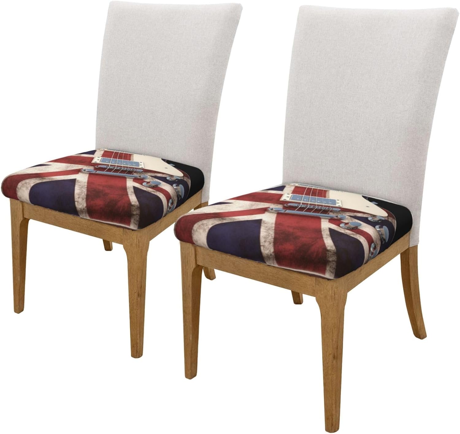 2PCS Stretch Seat Covers Set, Guitar British Flag Chair Covers for Dining Room, Square Chair Seat Slipcovers with Ties, Removable Washable Dining Chair Protector Seat Cover for Kitchen Office