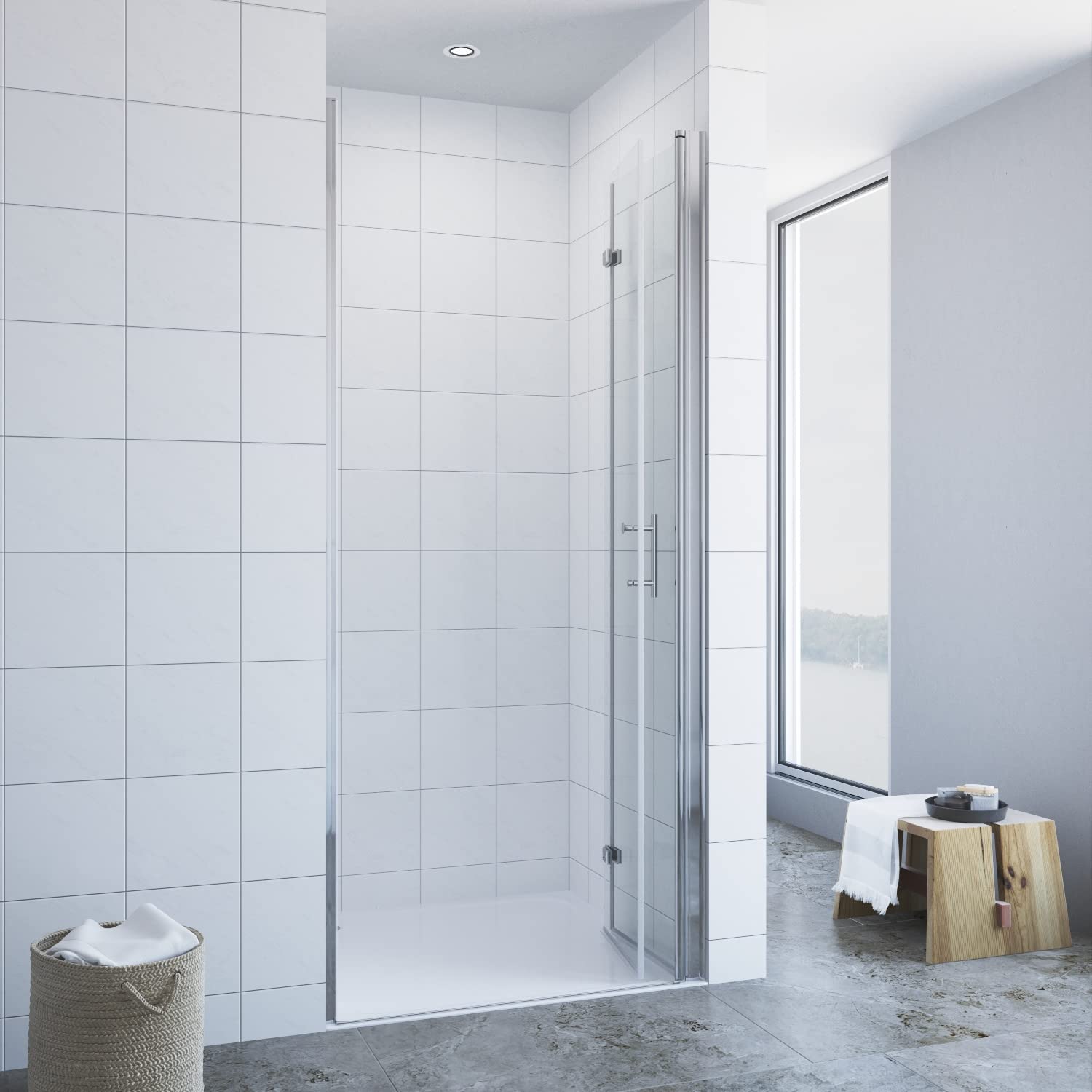 Duschtür klappbar faltbar Glas 90 x 195 cm Wandprofil Chromoptik Nischentür Falttür Dusche Pendeltür Schwingtür ohne Rahmen mit Magnetdichtung Duschtürdichtung unten 6 mm Klarglas NANO-Beschichtung