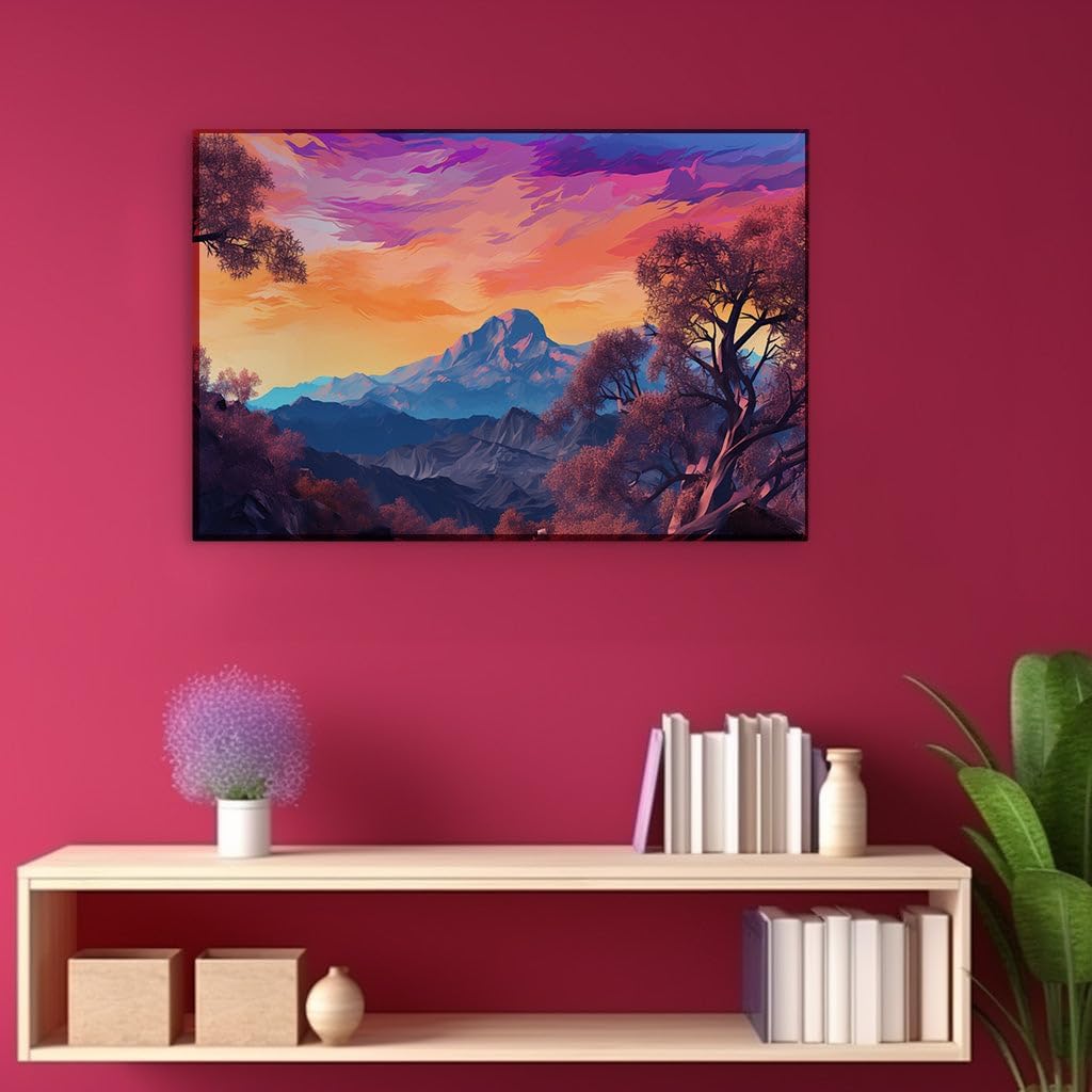 Canvas for Living Room. Sunset Serenade Over Majestic Mountains - A Digital Tapestry of Nature's Finest Moments, 27 x 18 inch Canvas Wall Art - Surrealistic Visions - Modern Home Decor