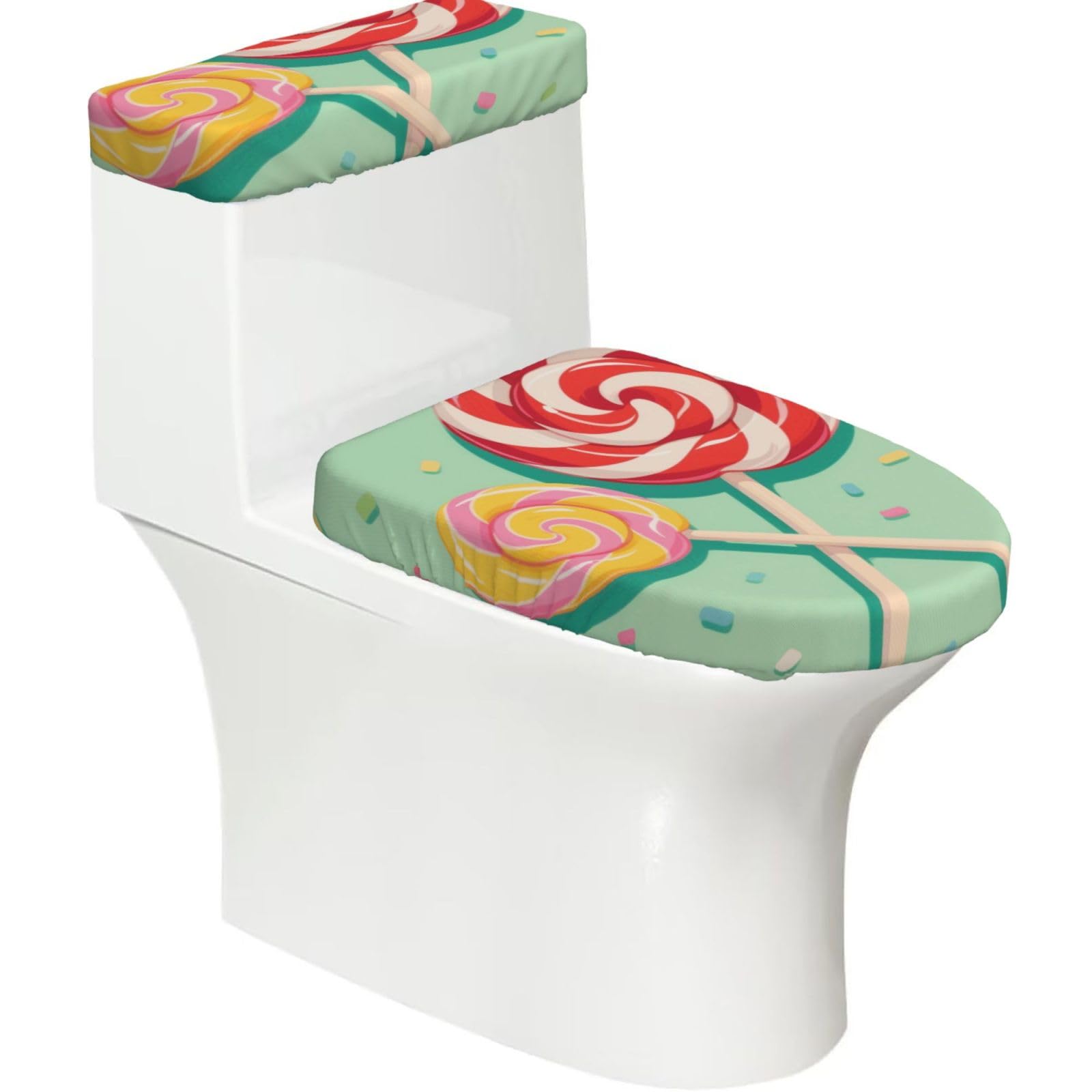 FekiLoot Lollipop Toilet Lid Cover and Toilet Tank Cover Set of 2,Dust Splash Resistant Toilet Top Covers Soft Washable Toilet Lid Seat Cover for Bathroom Office Home Decor