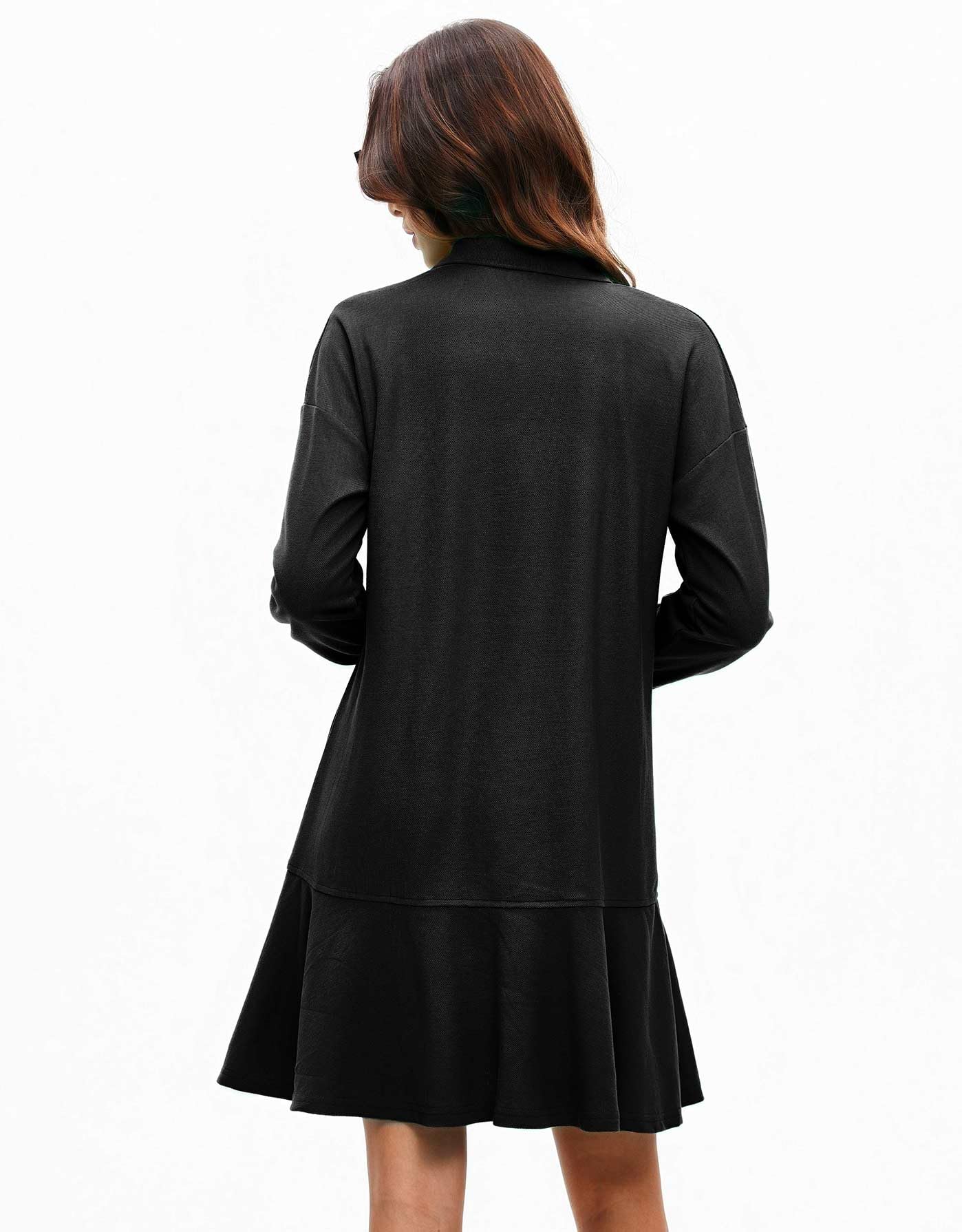 YEXPINE Mini robe polo à manches longues et col en V avec ourlet à volants pour femme