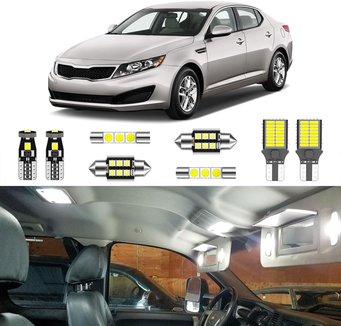 10PCS Super Bright White Interior LED Light Kit Package for Kia Optima K5 2011 2012 2013 2014 2015 + License Plate Lights and Install Tool