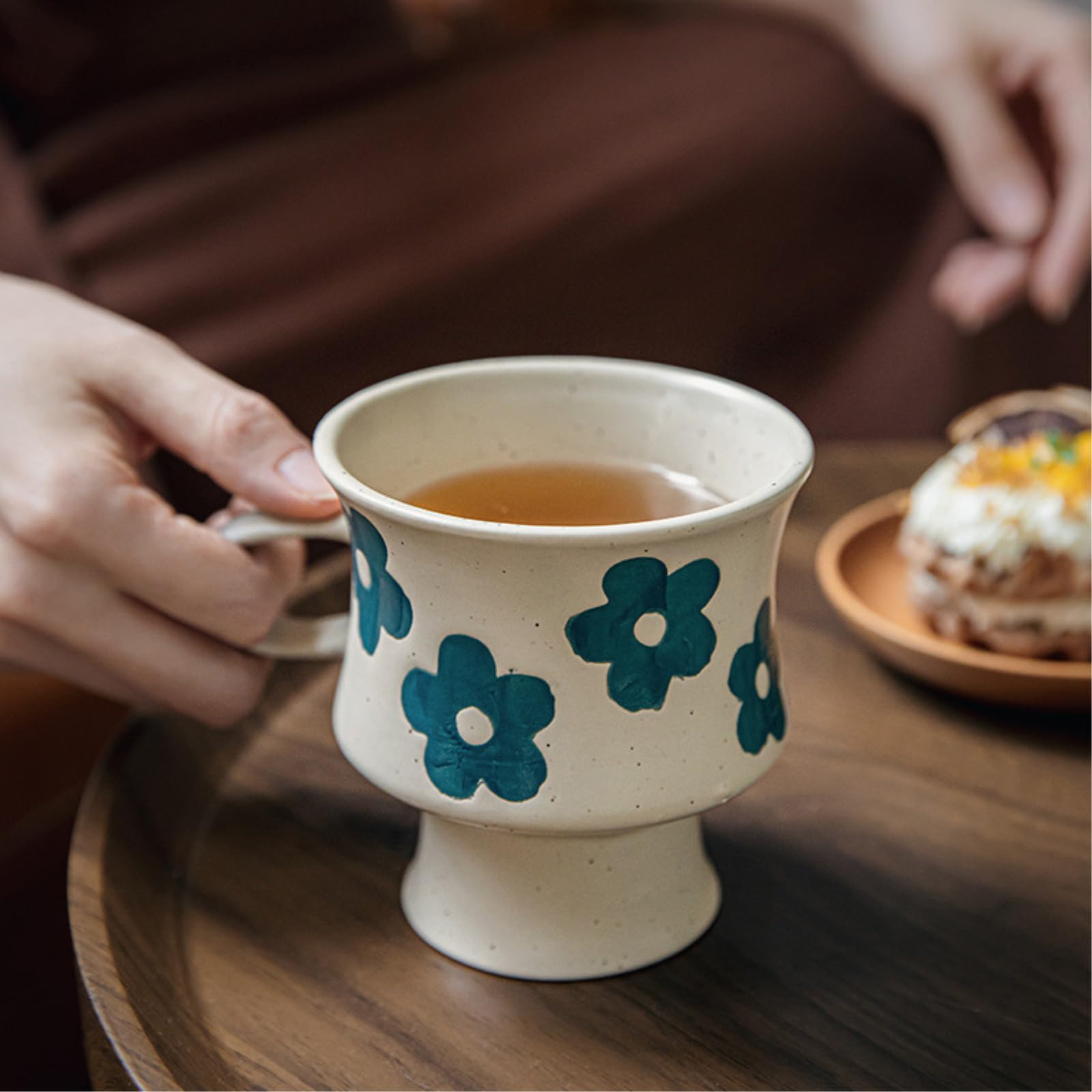 Taza de cerámica de 300 ml, taza de café retro para el hogar, flor azul, 300 ml