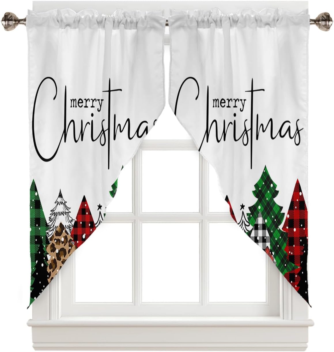 Swag Curtain,Red Green Tartan Christmas Tree White Kitchen Valances Rod Pocket Curtains Tier Pair Swag Topper,Winter Buffalo Plaid Plant Snow 2 Panels Window Treatment for Bathroom Living Room