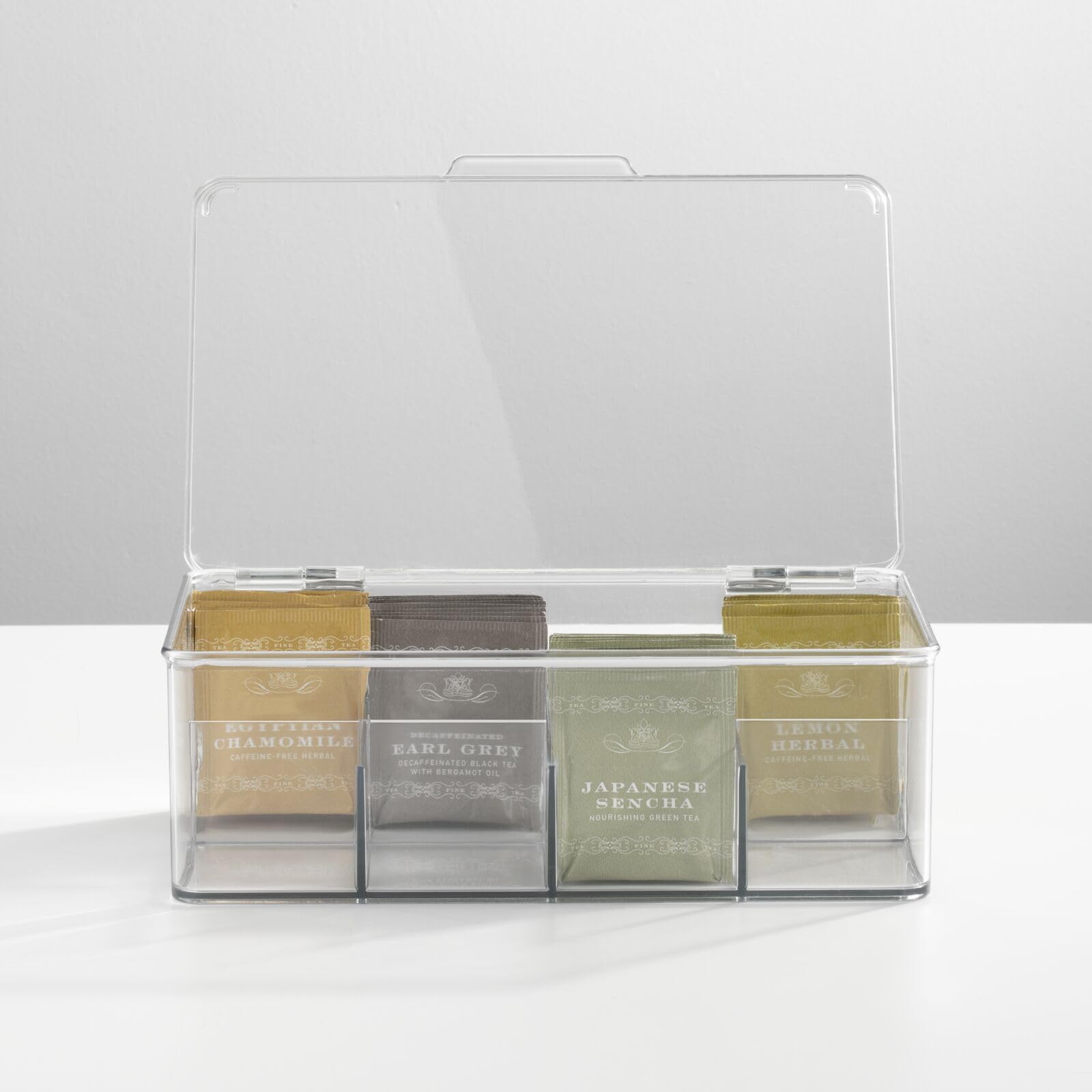 mDesign Boîte à thé avec couvercle - Boîte à thé empilable avec huit compartiments pour différents types de thé - Rangement clair et frais des sachets de thé en plastique - Transparent