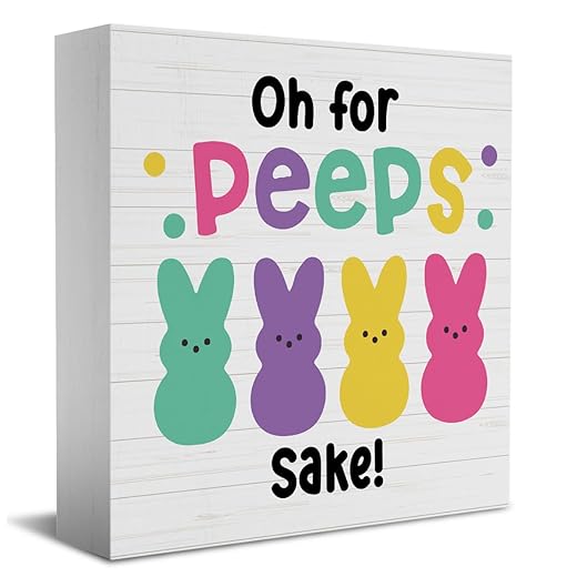 HTBIG Funny Easter Bunny Decor Desk Decor Wooden Box Sign Easter Decorations Gift Wood Block Plaque Box Sign for Home Farmhouse Kitchen Bathroom Shelf Table Decoration Oh for Peeps Shake