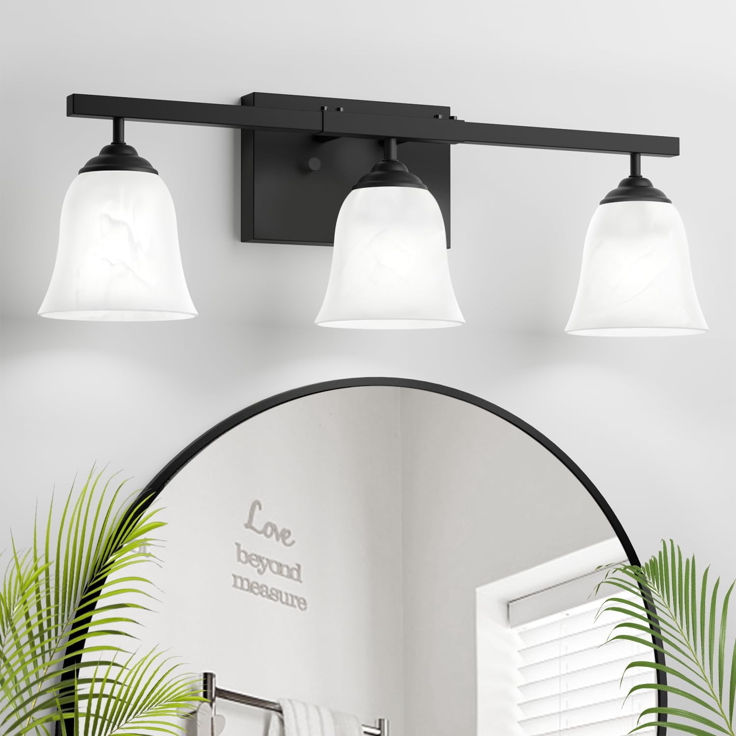 24" Bathroom Vanity Light: Black 3-Light Bathroom Lighting Fixtures Over Mirror, Modern Bathroom Light Fixtures with Alabaster Glass Shade, Farmhouse Vanity Lights for Bathroom
