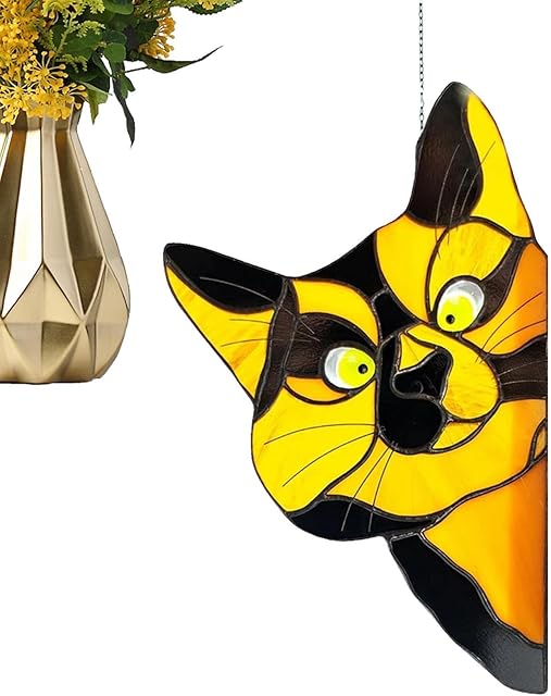 Glass Window Hangings Ca,Handmade Stain Glass Cat Suncatchers,Art Multicolor Cat Decoration Pendant,Stained Acrylic Suncatchers Cute Cat Window Hanger Peeking Sun Catcher Acrylic Cat for Cat Lovers