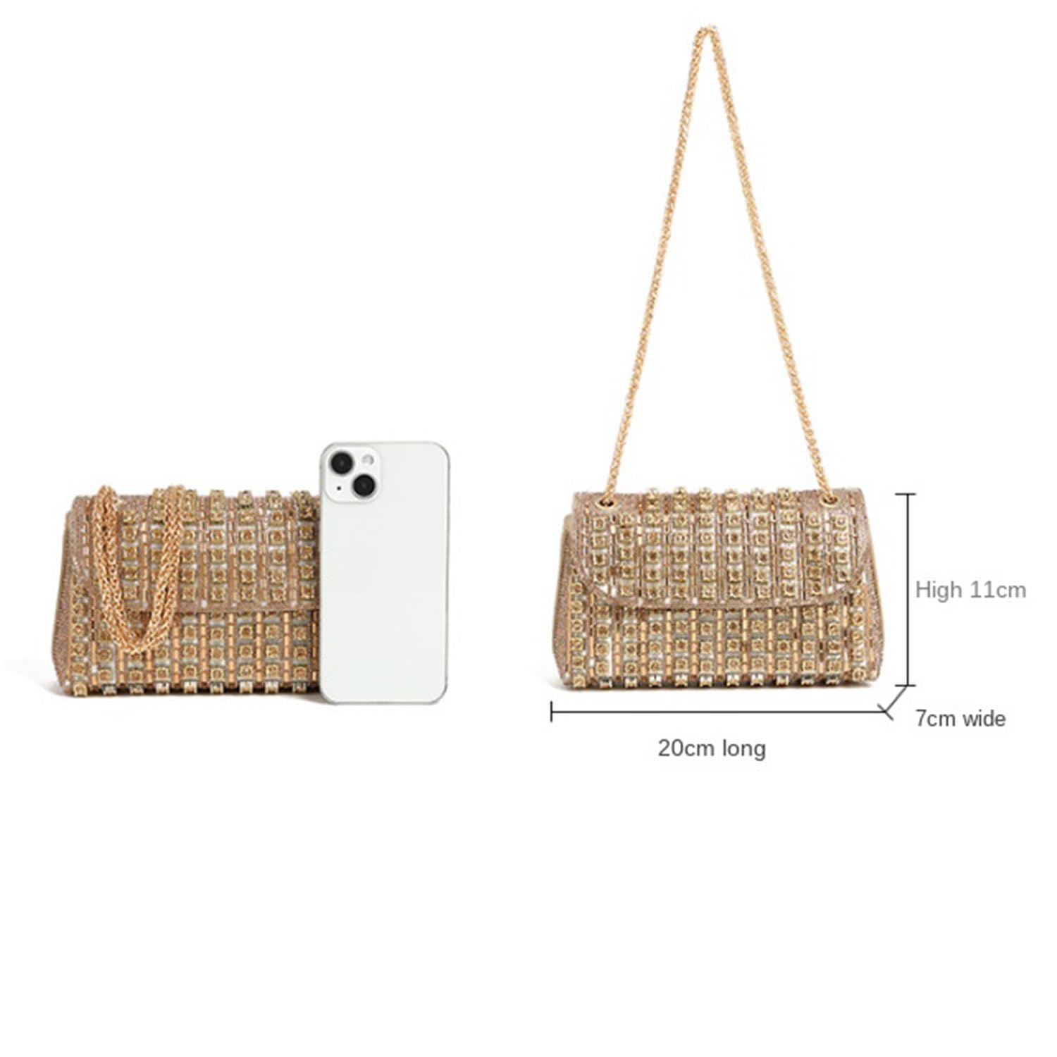 Mit Strasssteinen verzierte Abendtasche für Damen, Clutch mit Strasssteinen, Mini-Handytasche mit Kette