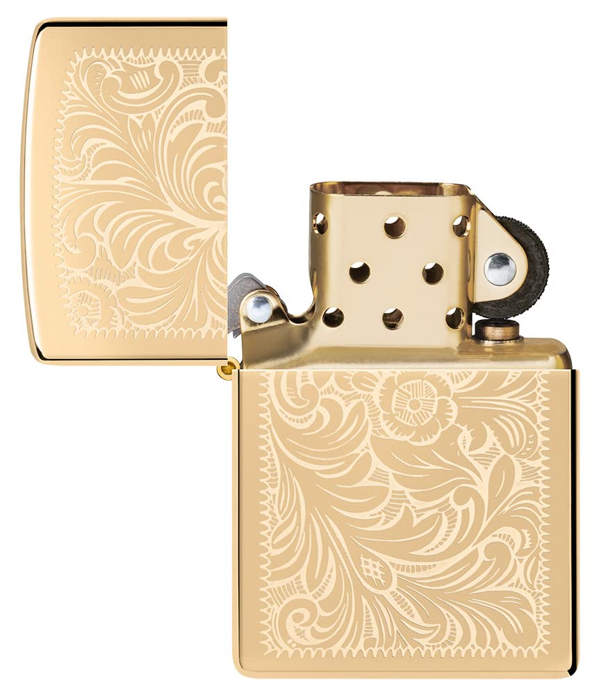 Zippo Encendedor a Prueba de Viento - Modelo Venetian - Acabado de Latón Pulido Brillante - Lustroso - Recargable - Reutilizable - Diseño a Prueba de Viento - Caja de Regalo - Hecho en EEUU