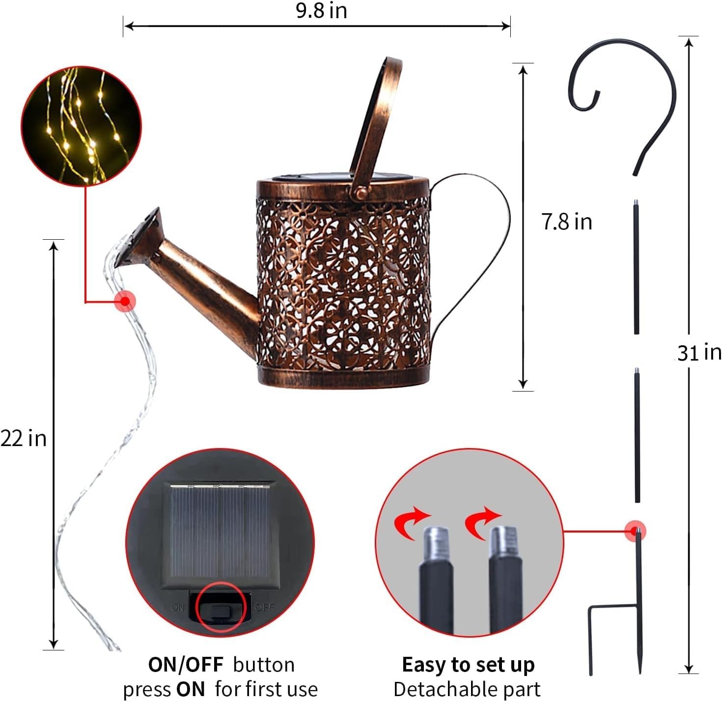 Solar Watering Can With Cascading Lights, Waterfall Light Garden Decorative, Hanging Lantern Outdoor Waterproof, Yard Decor, Metal Powered Kettle