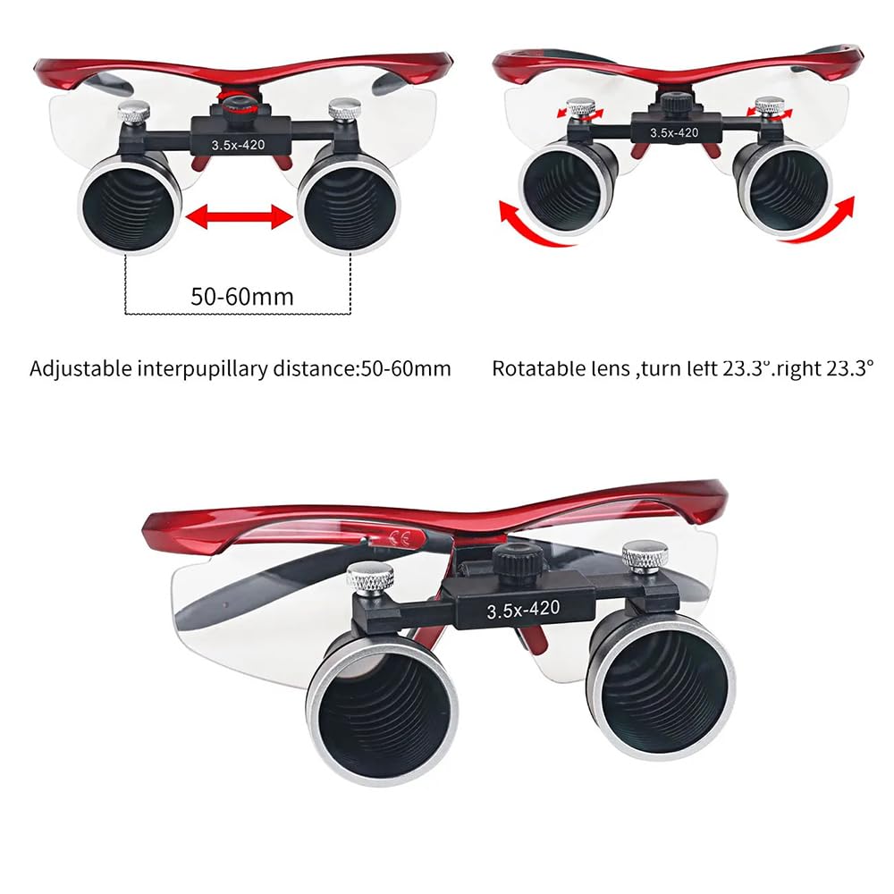 2.5X Dental Loupes Ergonomic Goggles Lab Medical Binocular 320-420mm Magnifier Dental Optical Lens Magnifying Glass (Red)