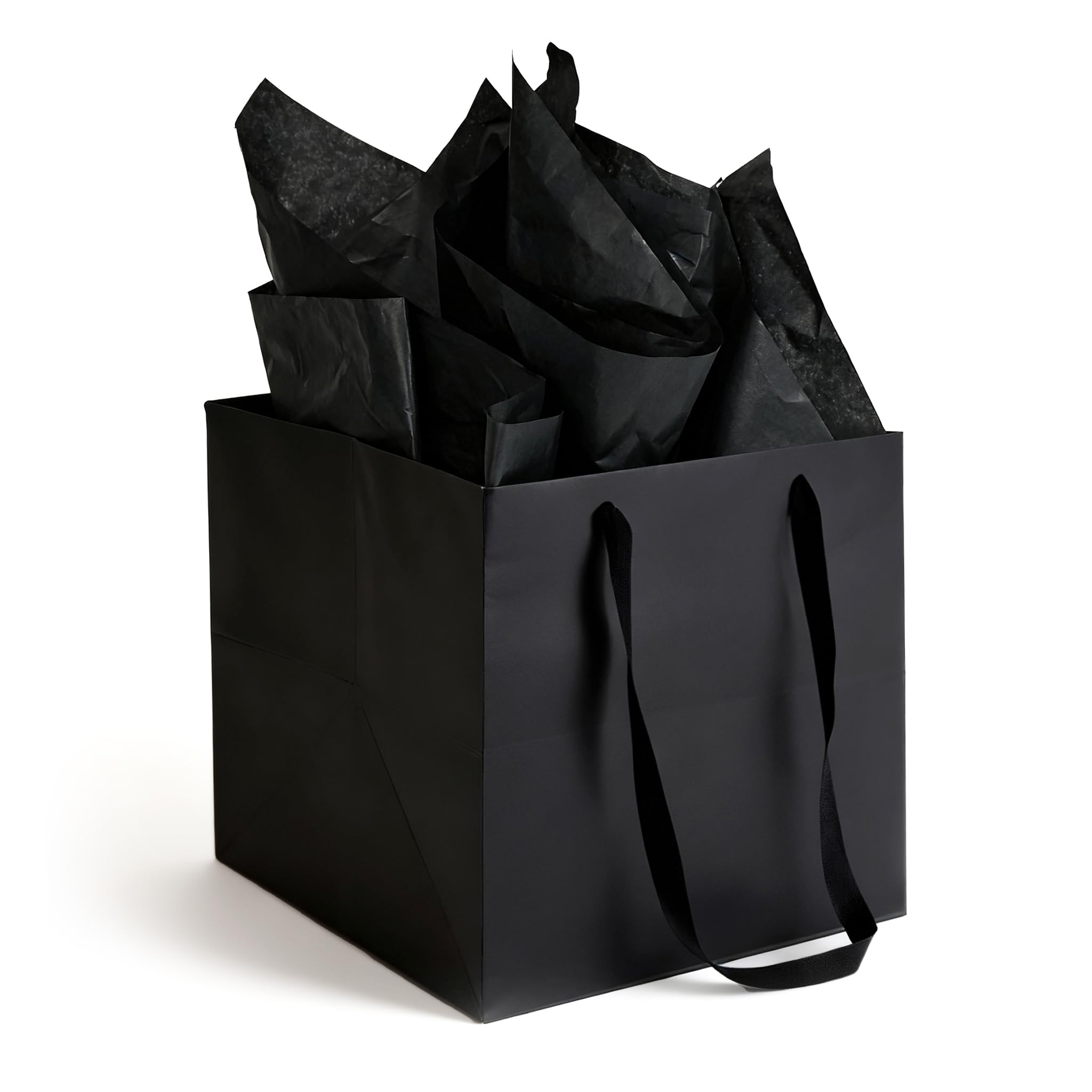 Papertide 24 Pack Large Black Cube Gift Bags 25.4x25.4x25.4cm with Tissue Paper, Big Square Gift Bags for Clothing, Shoes, Toys, Wine, Birthday Gifts, Party Favors