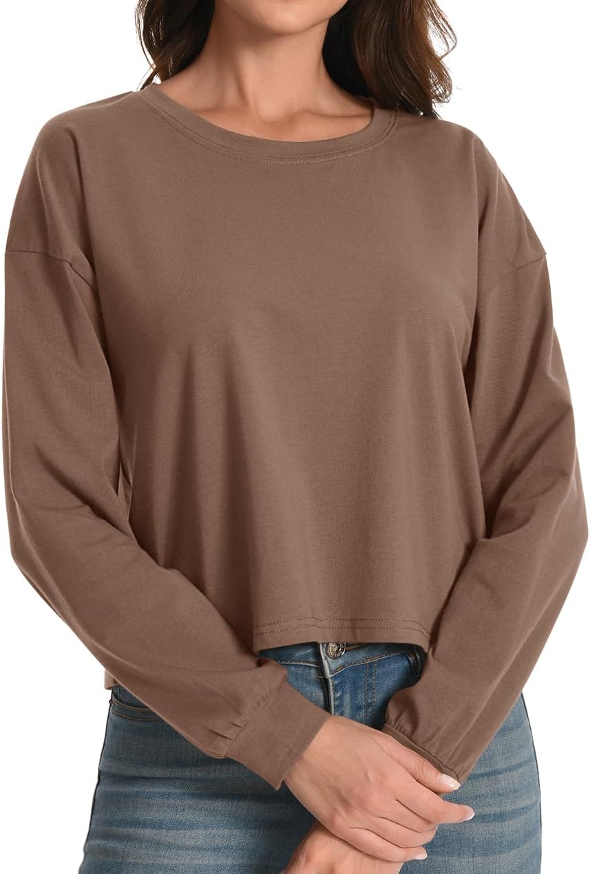Womens Long Sleeve Crop Tops Loose Cropped Tshirt Crew Neck Tees Casual Cotton Athletic Workout Shirts