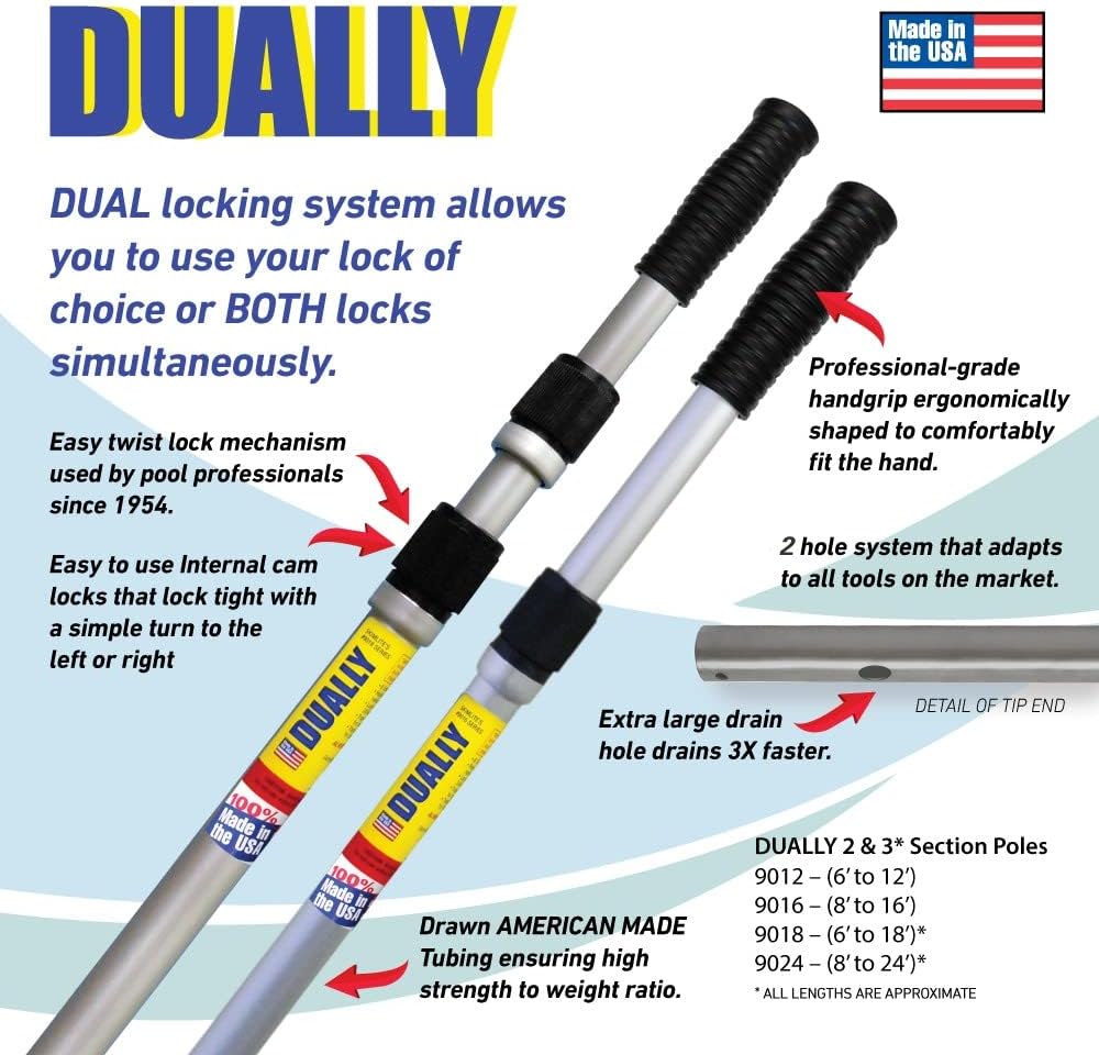 SKIMLITE MANUFACTURING Dually 9024 Telescopic Pool Pole 8-24 Ft Dual Locking Heavy Duty Aluminum Easy Grip Adjustable Telescoping Cleaning Poles with Universal Adapter for Skimmer Brush & Vacuum Head