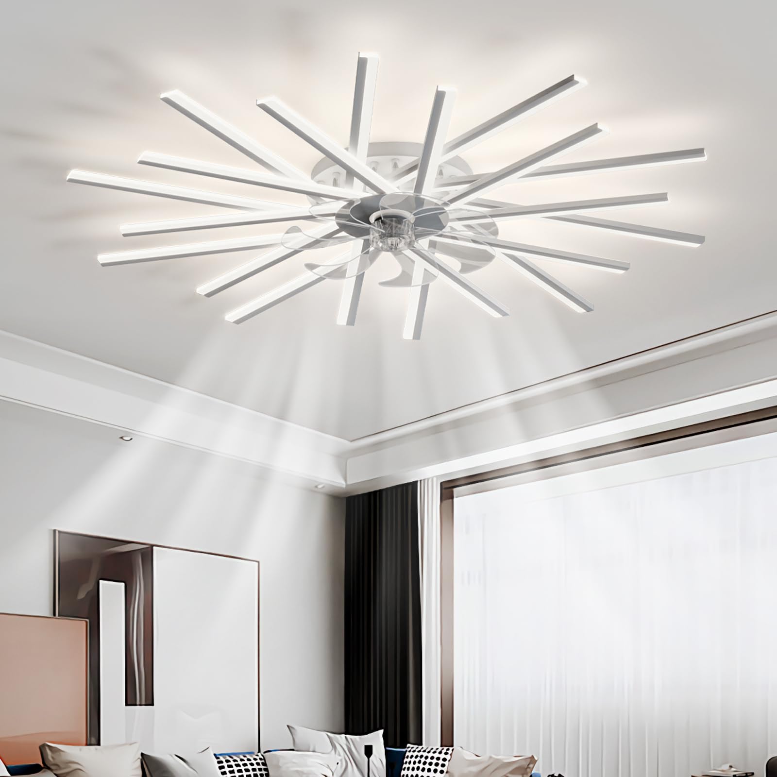 SXDMOUBK Modern LED Chandelier Ceiling Fan with Dimmable Memory Lights Silent 6 Speed Reversible Remote Control and APP Ideal for Living Room Bedroom Decor White 100cm