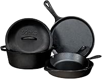 Lodge 5-Piece Pre-Seasoned Cast Iron Set: 8" & 10.25" Skillets, 10.5" Griddle, 5Qt Dutch Oven - PFAS-Free Oven-Safe Cookware