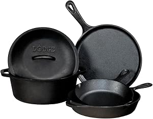 Lodge Conjunto de 5 peças de ferro fundido temperado. Chapa de 26,7 cm, frigideira de 20,3 cm, frigideira de 26 cm, forno holandês de 26 cm e tampa de 26 cm