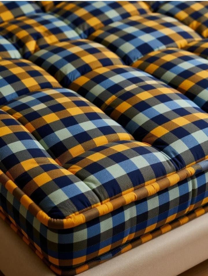 Image of Cotton Foldable Mattress, Single Size, 180x90x7.5 cm, 4x6 Foot Medium-Firm, Multi-Colour Plaid, Portable Floor Sleeping Mat