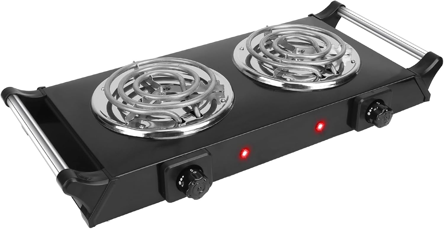 KOCASO 2000W Portable Electric Stove for Cooking，Electric Dual Burner Coil Heating Hot Plate Stove Countertop RV Hotplate with 5 Temperature Adjustments Portable Handles，Black
