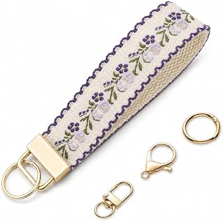 Wristlet Keychain for Women, Floral Embroidered Fabric Key Wristlet with 3 Detachable Metal Accessories