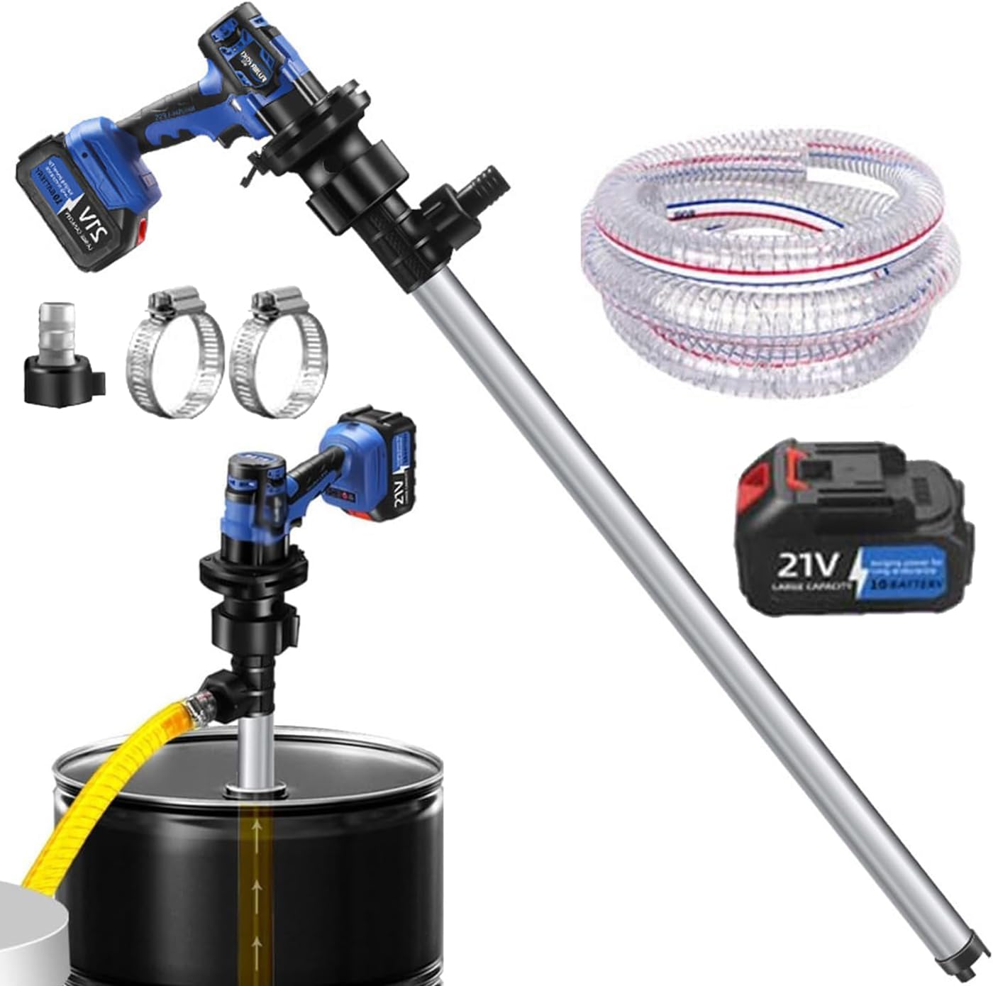 Electric Oil Barrel Pump, Battery Powered Fuel Drum Pump with Adjustable Speed and 92cm Tube for Diesel, Kerosene, Hydraulic Oil, and Non-Corrosive Liquids