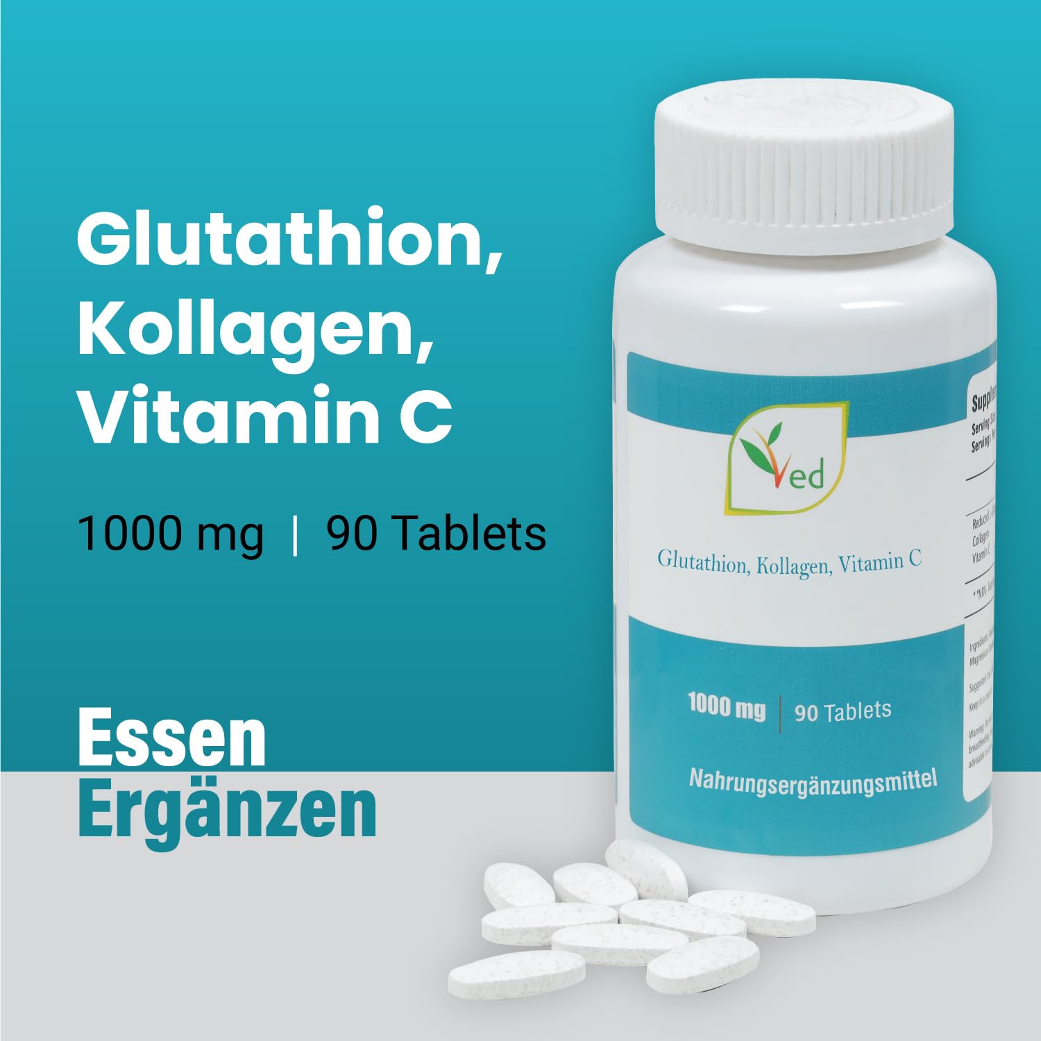 VED Reduziertes L-Glutathion, Kollagen, Vitamin C Tabletten | 1000 mg x 90 Tabletten