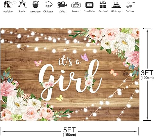 Miniatura 4 de Aperturee Fondo para baby shower con texto en inglés "It's a Girl" para baby shower, acuarela, rosa, floral, madera rústica, fondo de fotografía de