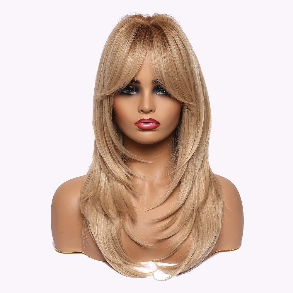 Long Straight Ombre Blonde Wigs with Curtain Bangs for Women, 24'' Layered Wig Natural Looking Heat Resistant Hair for Daily Halloween Party Cosplay