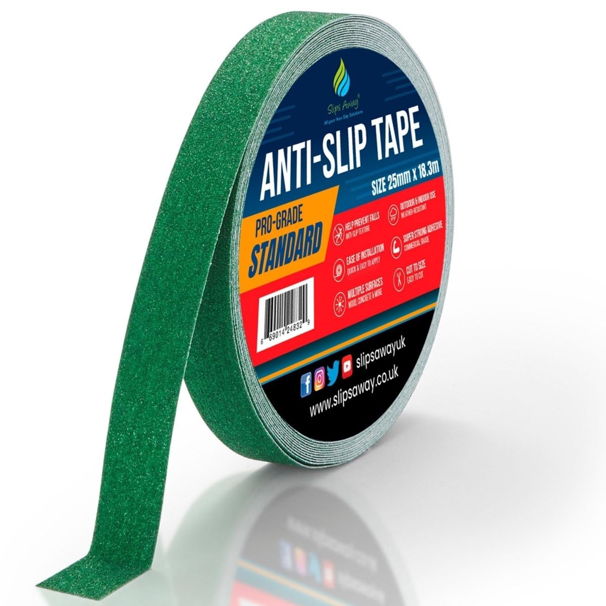 SlipsAway Anti-Slip Tape Roll - Strong Adhesive Grip Tape for Stairs Tread, Ramp & Deck - 25mm x 18.3m Waterproof Non-Skid Tape for Indoor/Outdoor Use - Made in the UK - Green