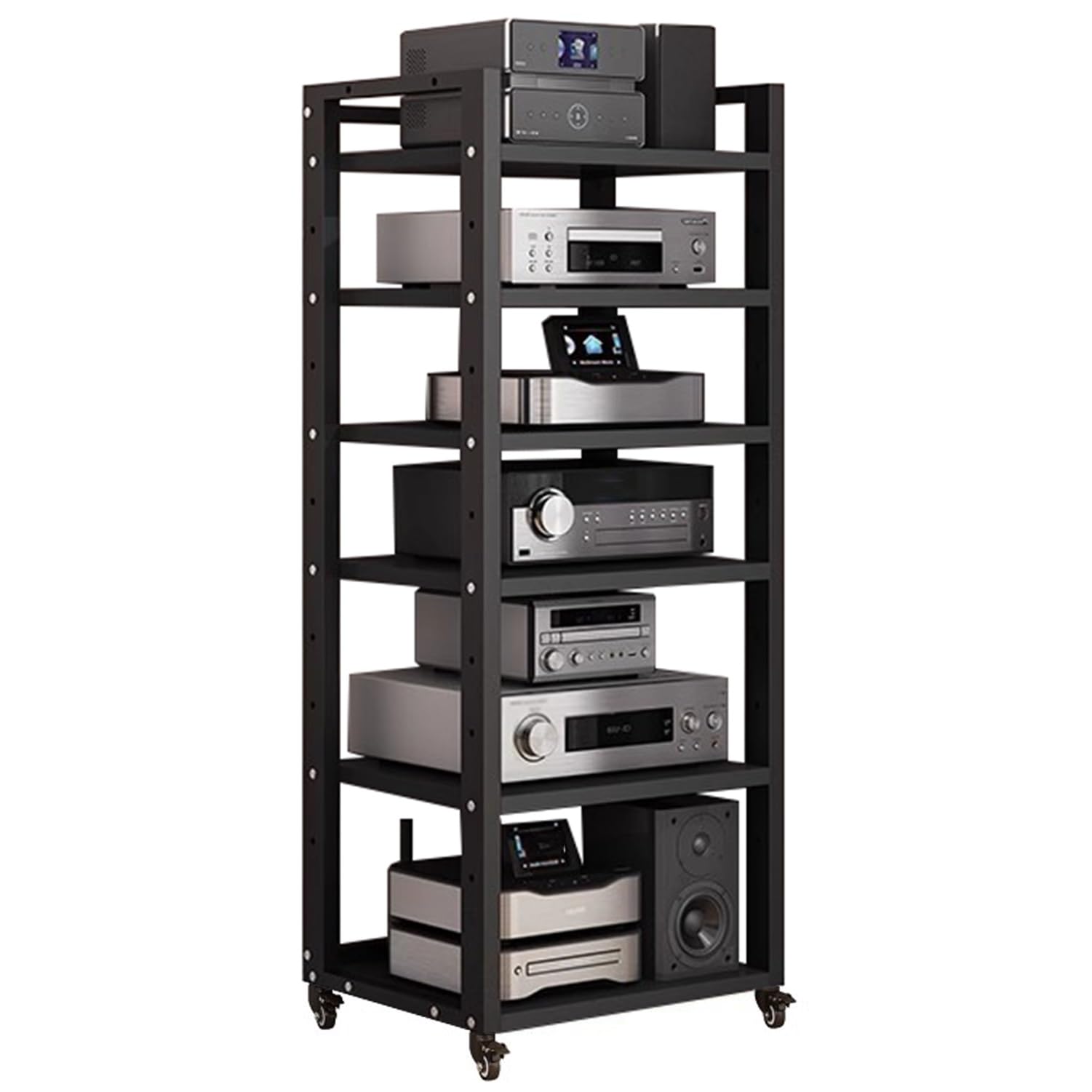Stojak na sprzęt HiFi, 6-poziomowy, wieża z kółkami i regulowanymi półkami, szafka stereo do pokoju gier/studia nagraniowego (brązowy) (czarny, 60 x 40 x 140 cm)