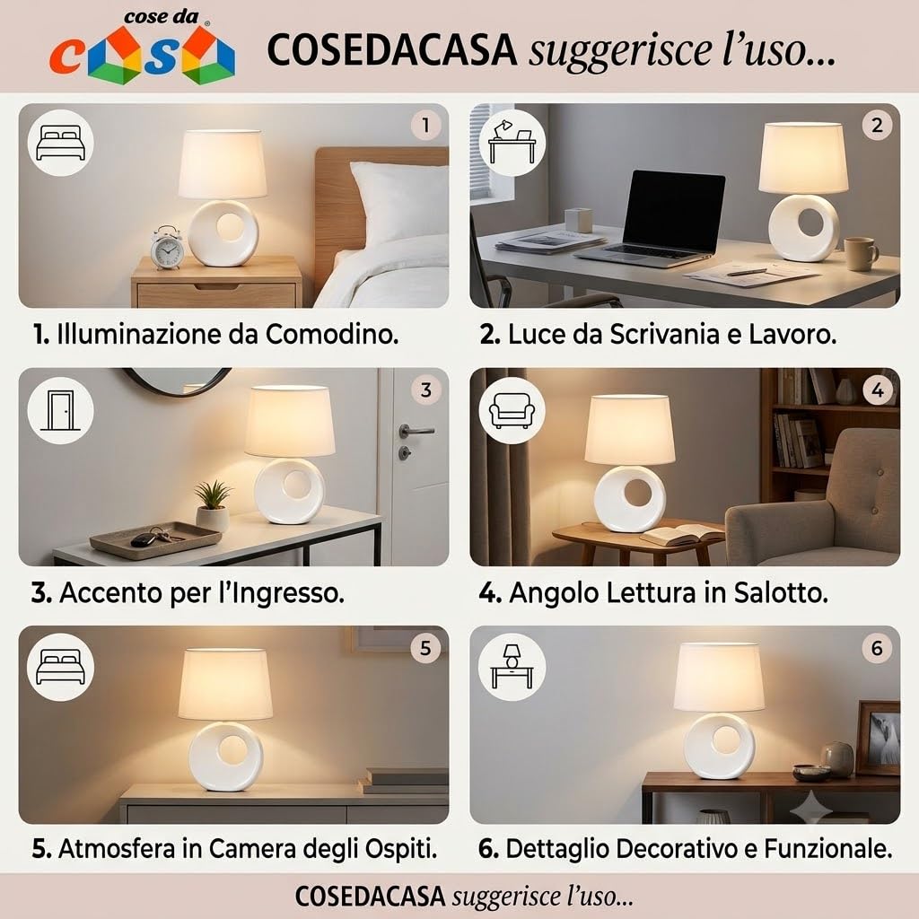 Coppia Abat Jour Camera da Letto Set 2 Lumetti Comodino Ceramica Bianca e Paralume in Tessuto Moderni Lampade da Tavolo Attacco Piccolo E14 Max 40W Altezza 27cm per Soggiorno camerette eleganti