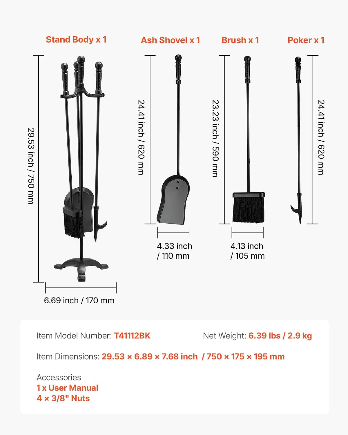 VEVOR Fireplace Tool Set, 4 PCS Fire Tool Set and Holder with Three-Prong Stand, Ash Shovel, Brush, Fire Place Poker, Wrought Iron Fireplace Accessories for Campfire Indoor/Outdoor, Black