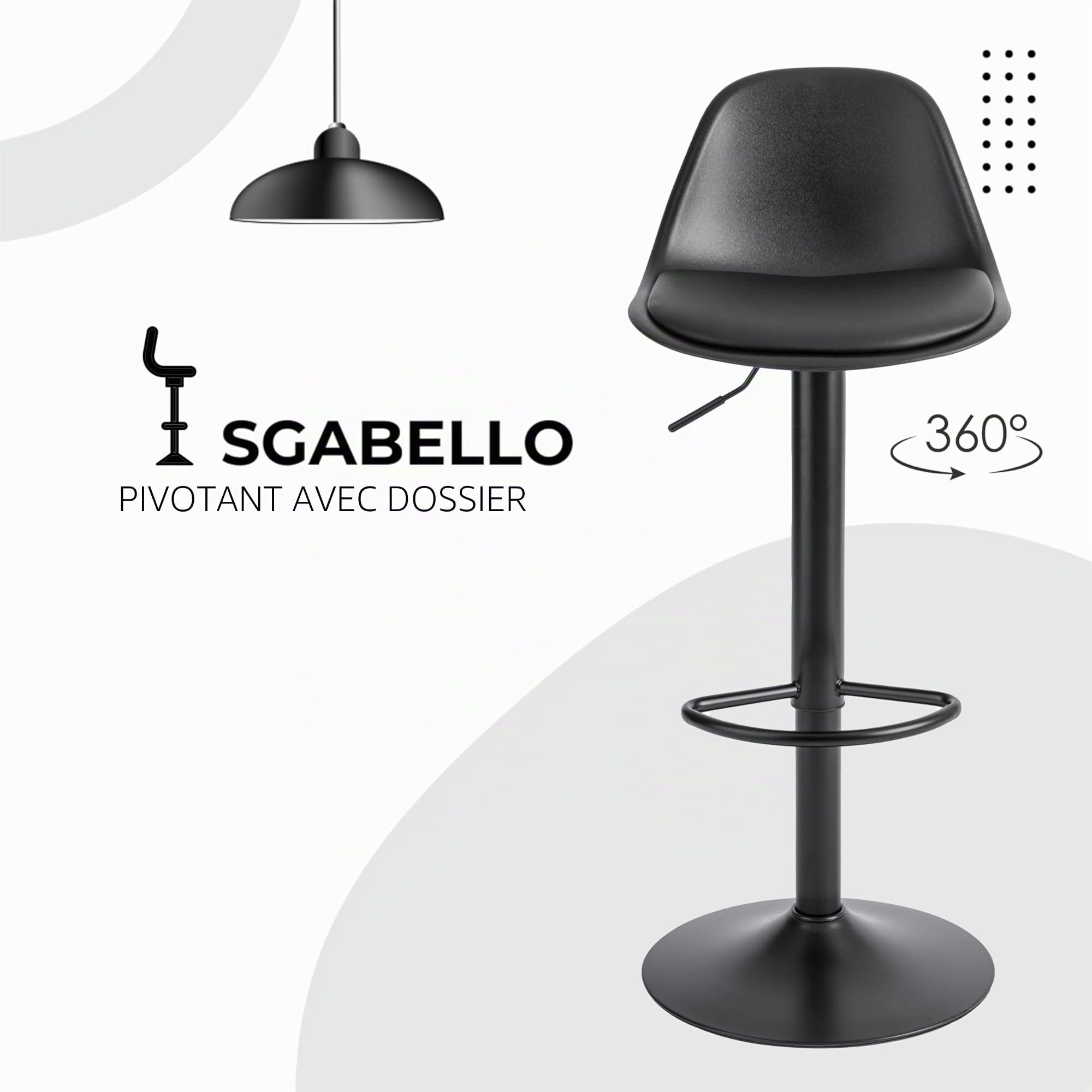 Baroni Home Tabouret de Bar pivotant avec Dossier et Coussin, Chaise Haute avec Hauteur réglable et Repose-Pieds, Fond Anti-Rayures, Salle à Manger, Restaurant, Bar, Noir, 1 pièce, 39x44x82-104 cm